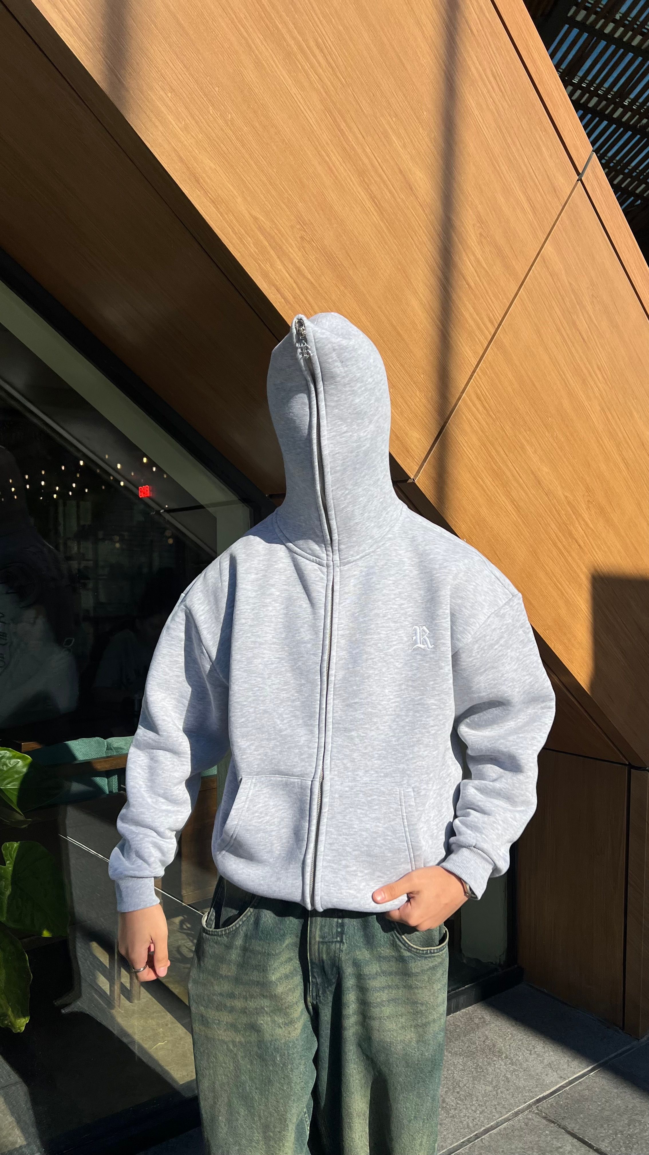 RW Grey 1 Nakış İşlemeli Oversize Zipper Hoodie