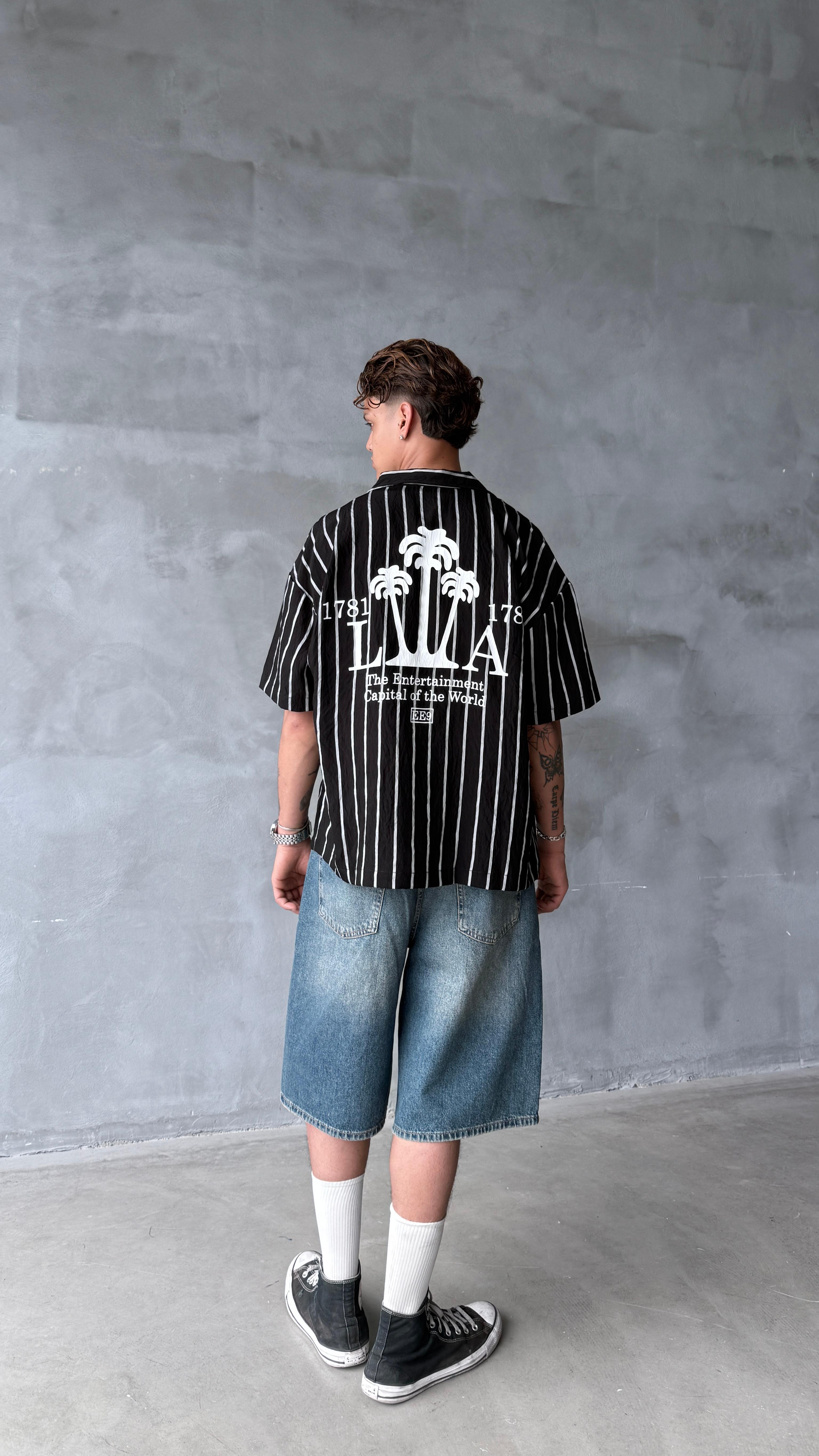 Siyah LA Çizgili Oversize Keten Gömlek