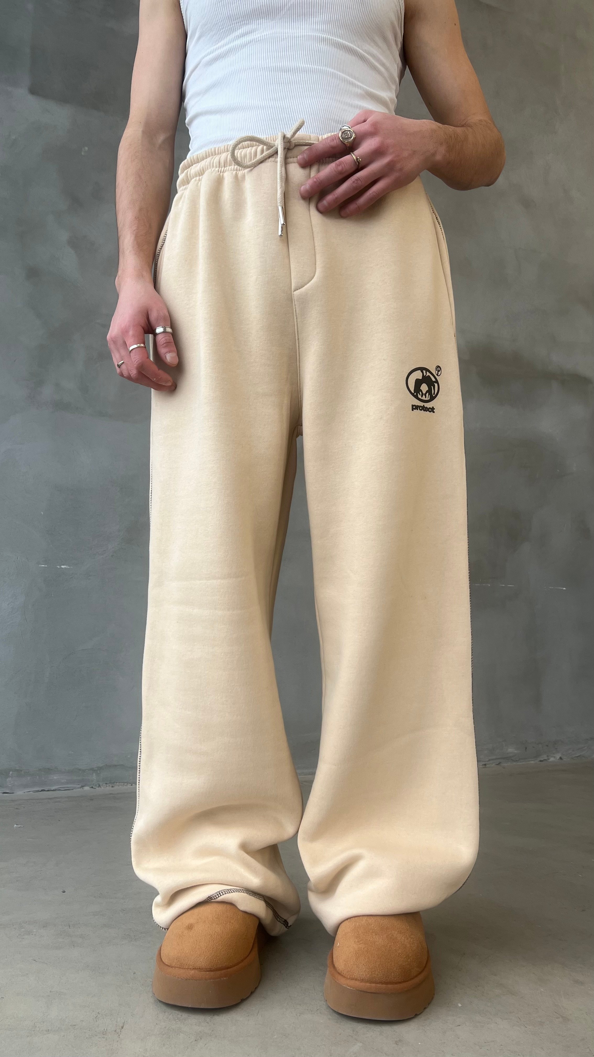 Krem Karyoka Detay Paçası Ayarlanabilir Baggy Sweat Pant