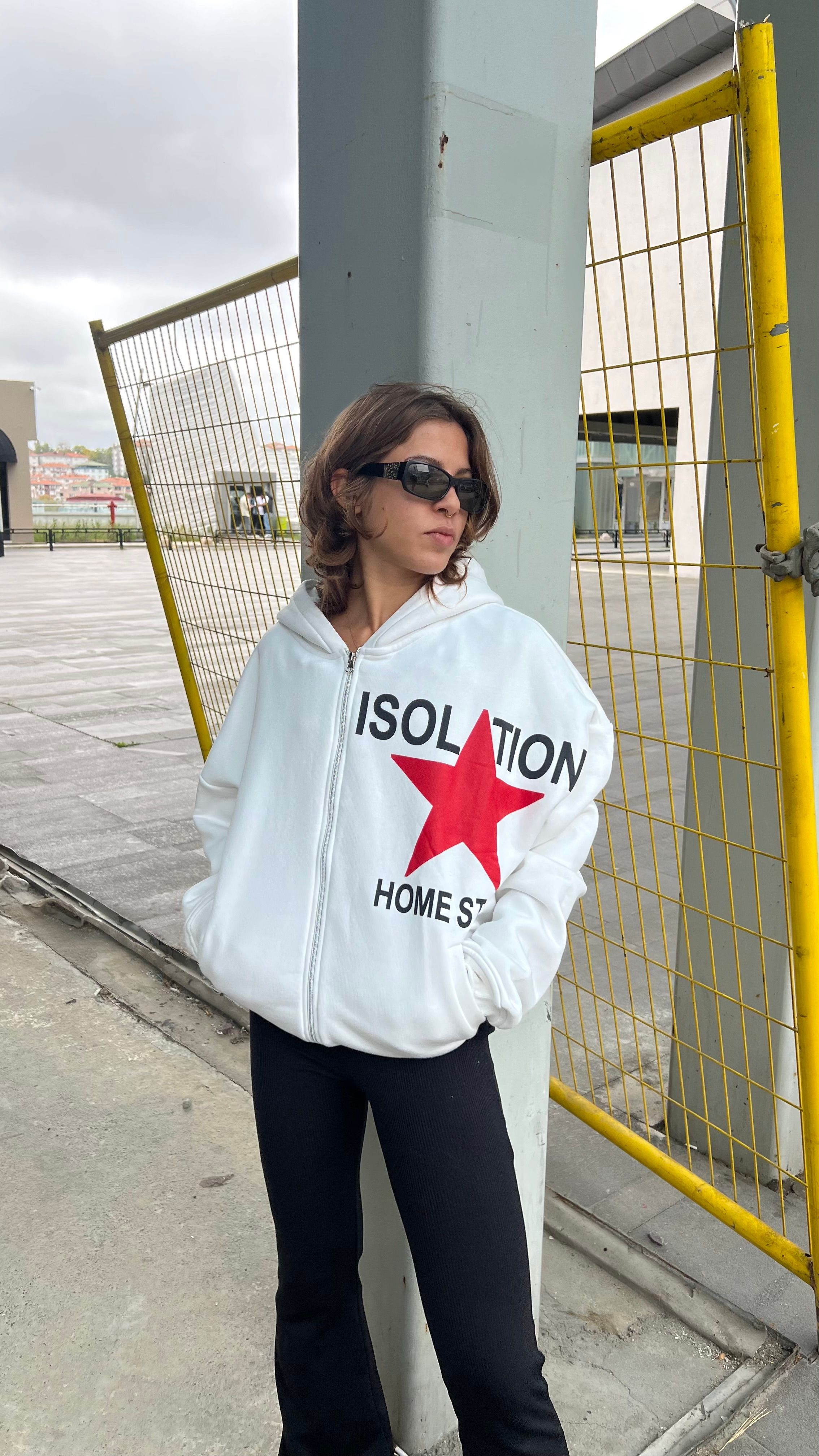 İsolation Beyaz Oversize Zipper Hoodie 