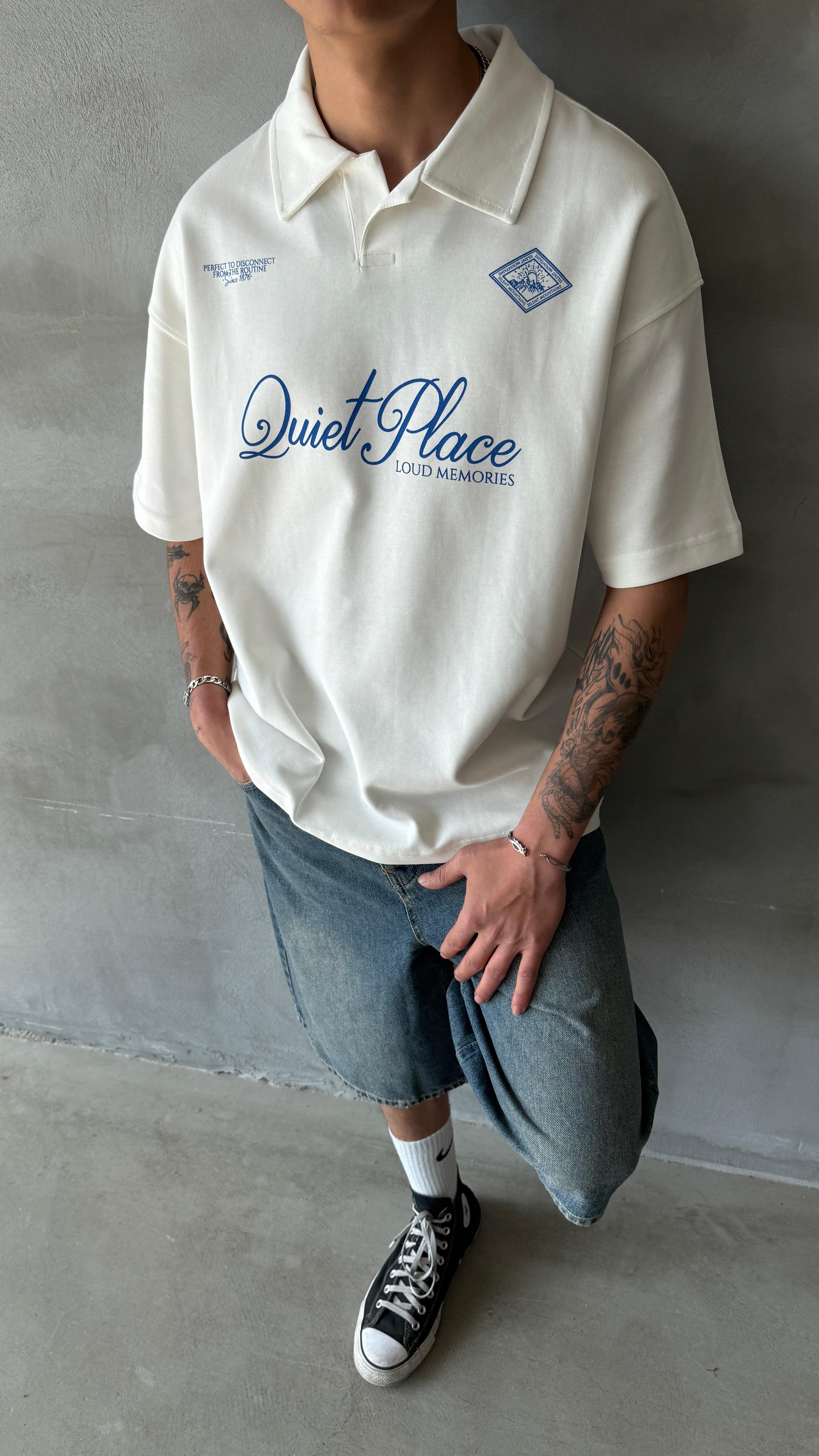 Beyaz Quite Palace Polo Yaka Oversize Tişört 