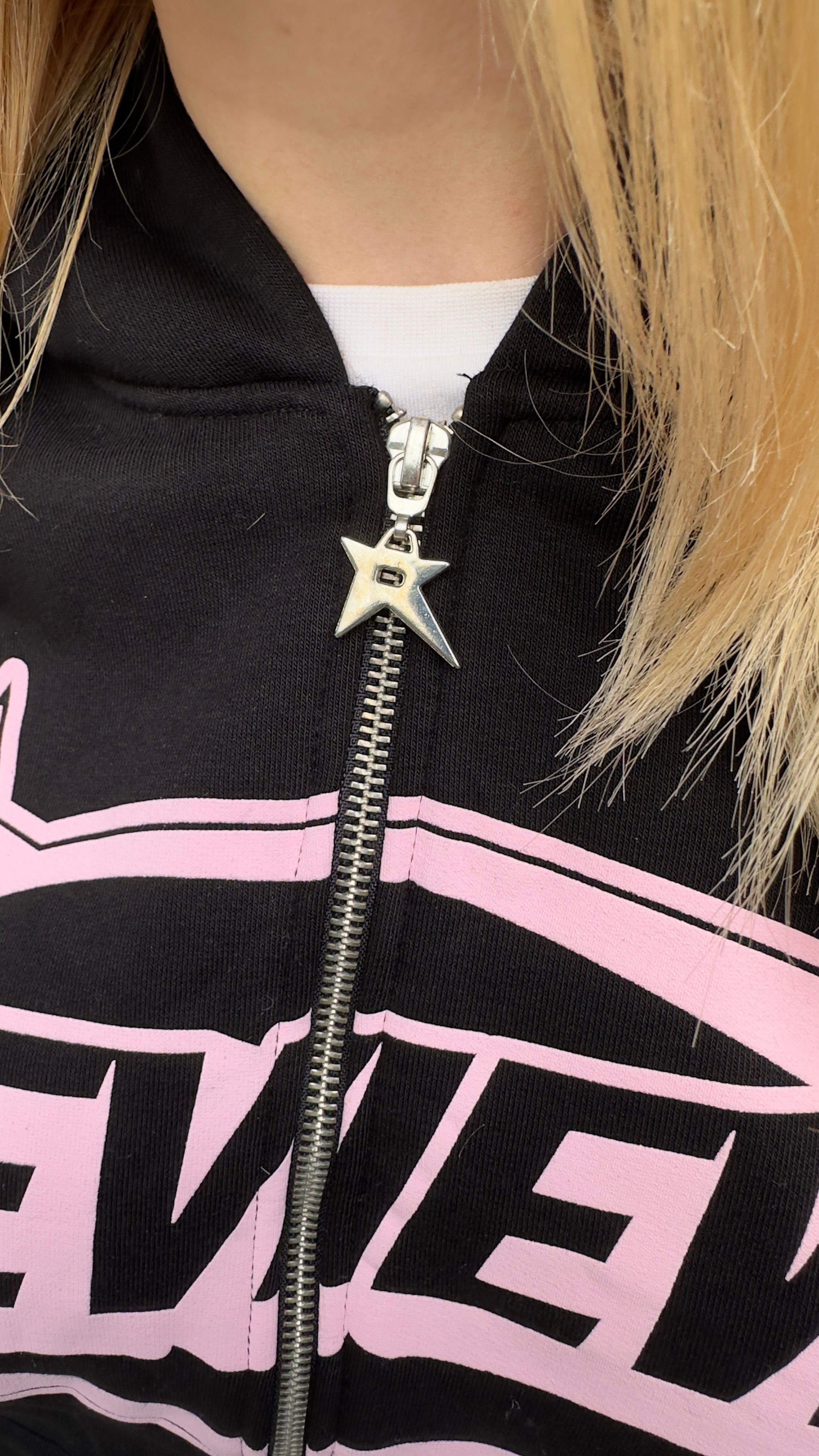 RW Pink Stars Kabartma Baskı Oversize Zipper Hoodie