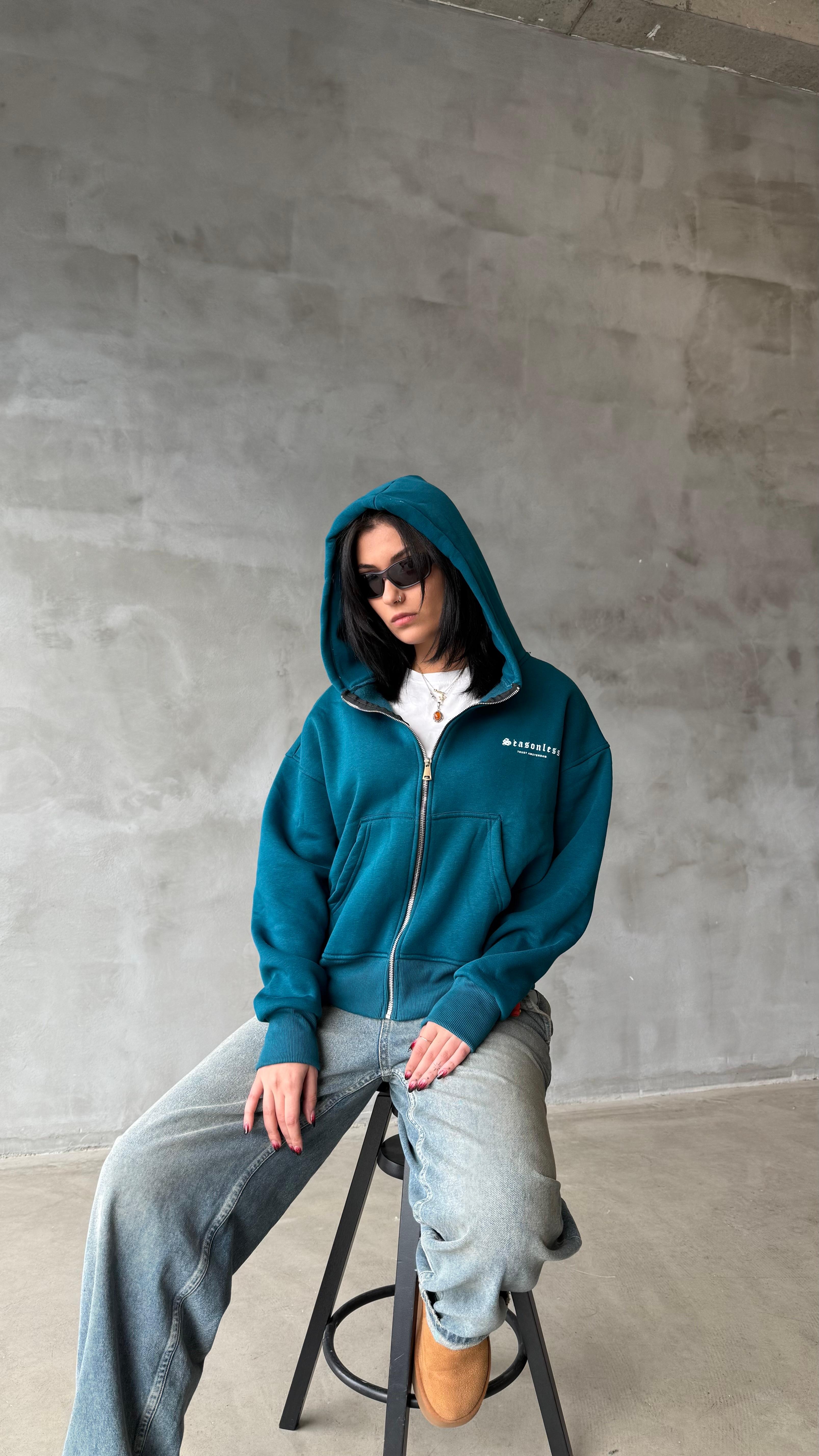 Seasonless Petrol Yeşili Oversize Zipper Hoodie