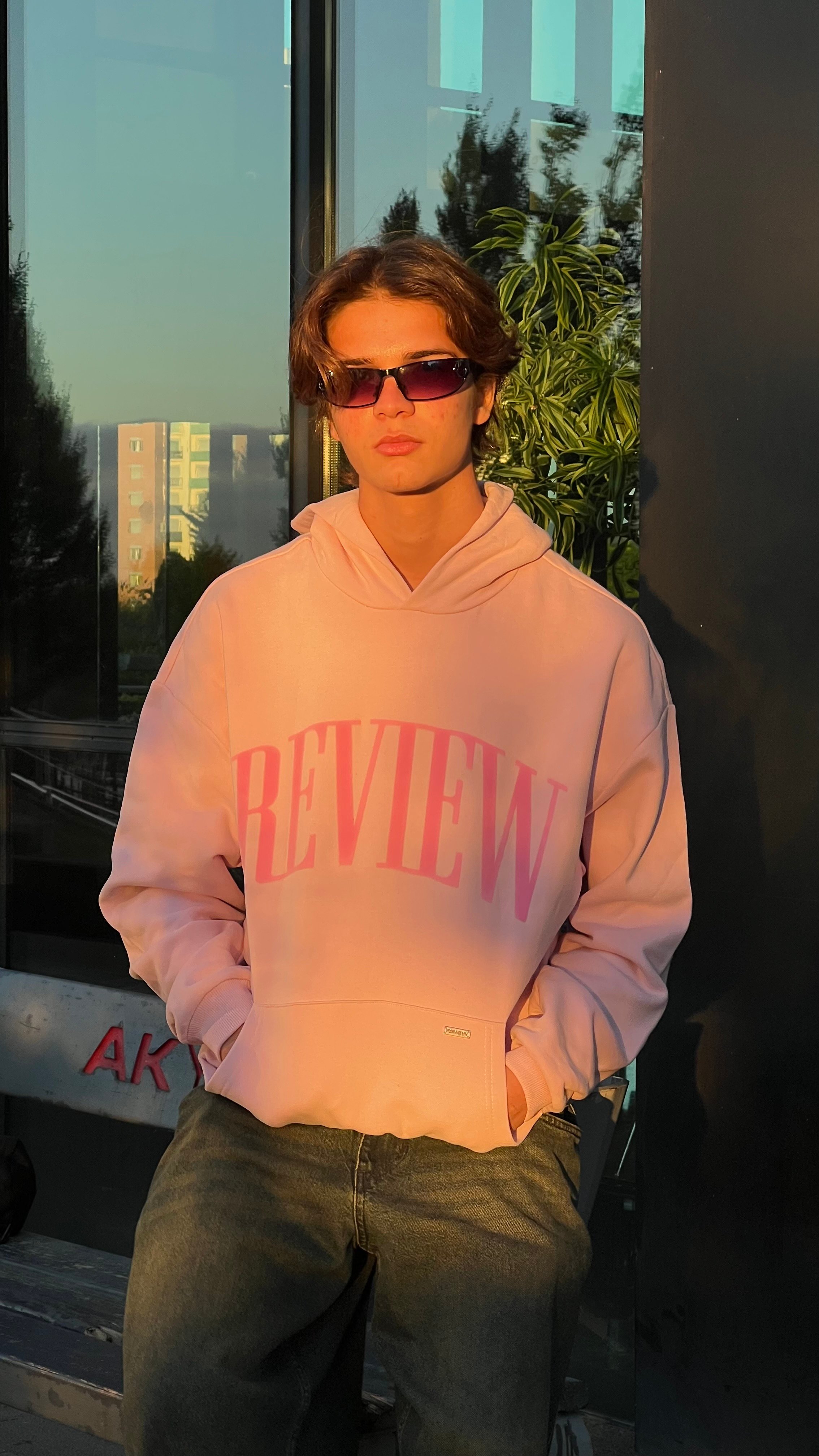 RW Pink To Pink Kabartma Baskı Oversize Hoodie