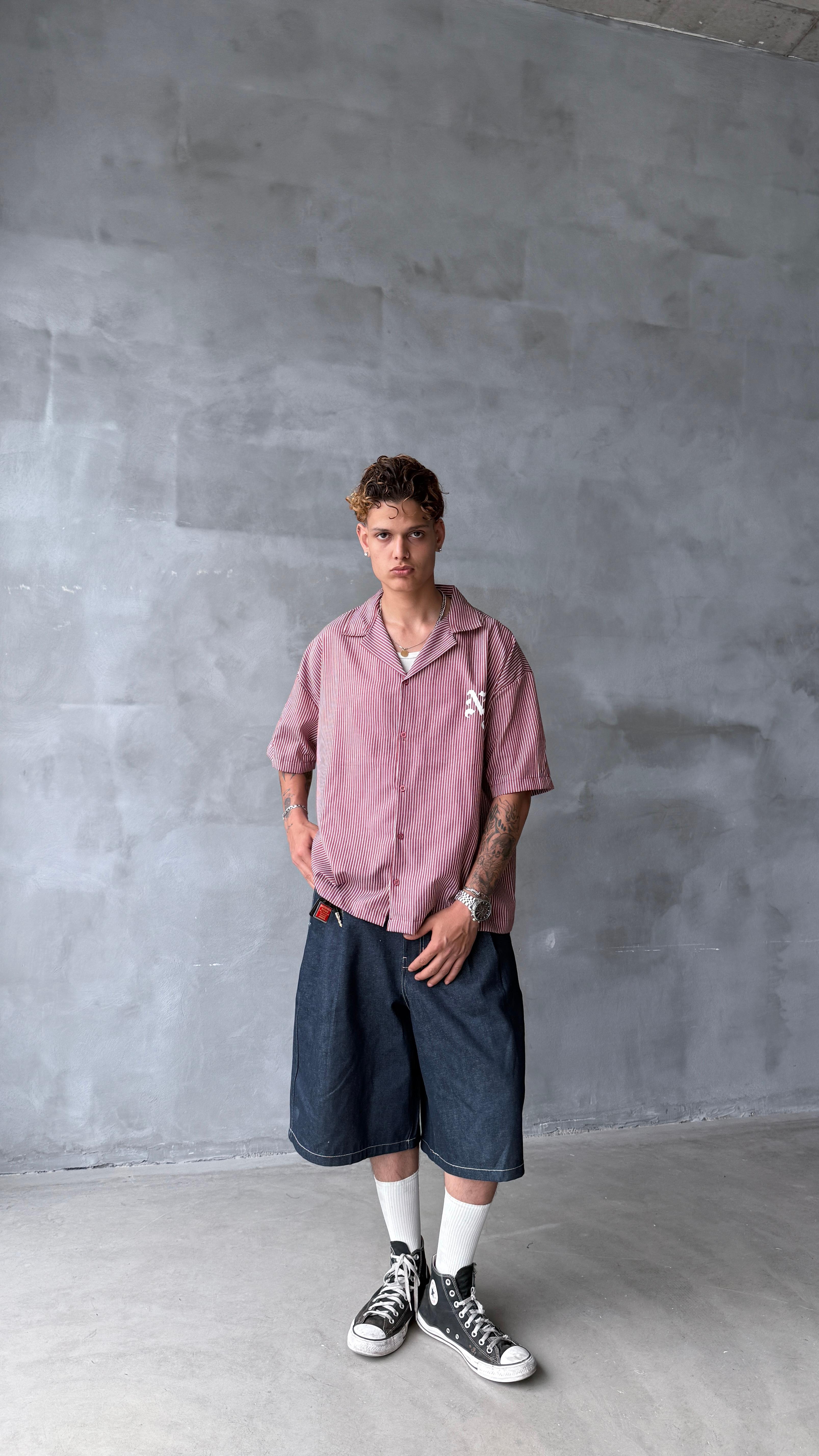 Bordo NYC Çizgili Oversize Gömlek 