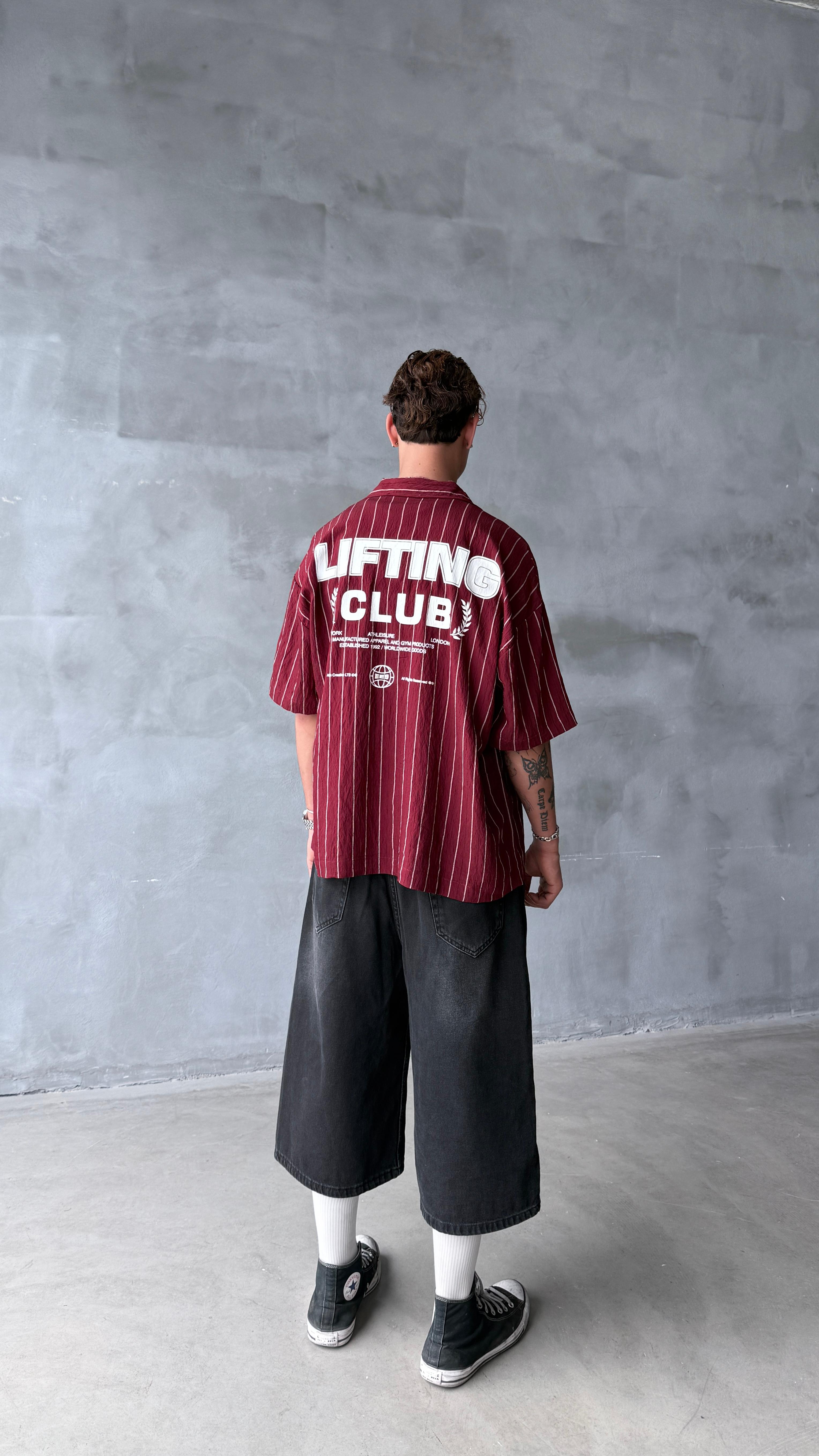 Bordo Lifting Club Çizgili Oversize Keten Gömlek