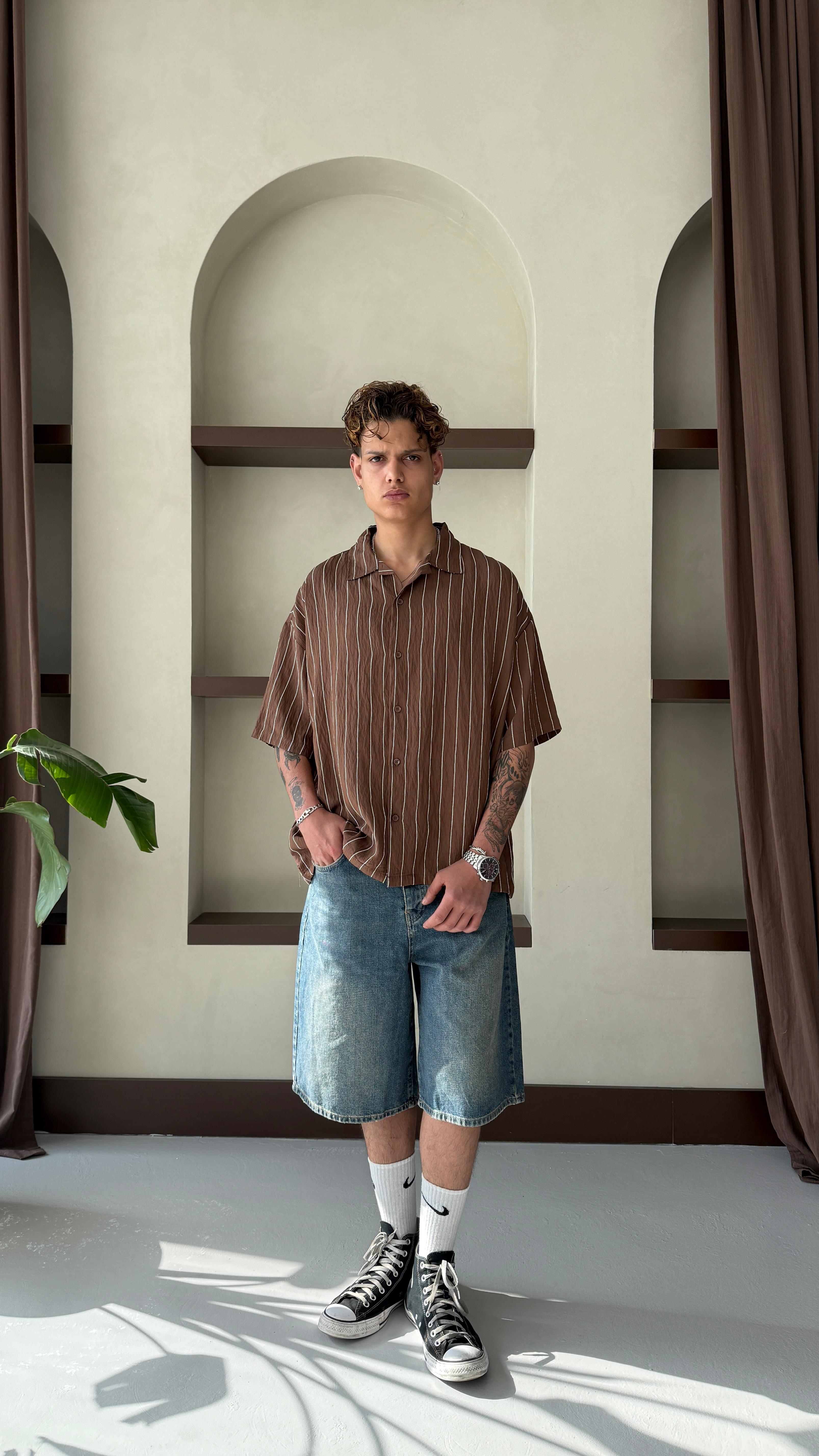 Kahve Çizgili Oversize Keten Gömlek