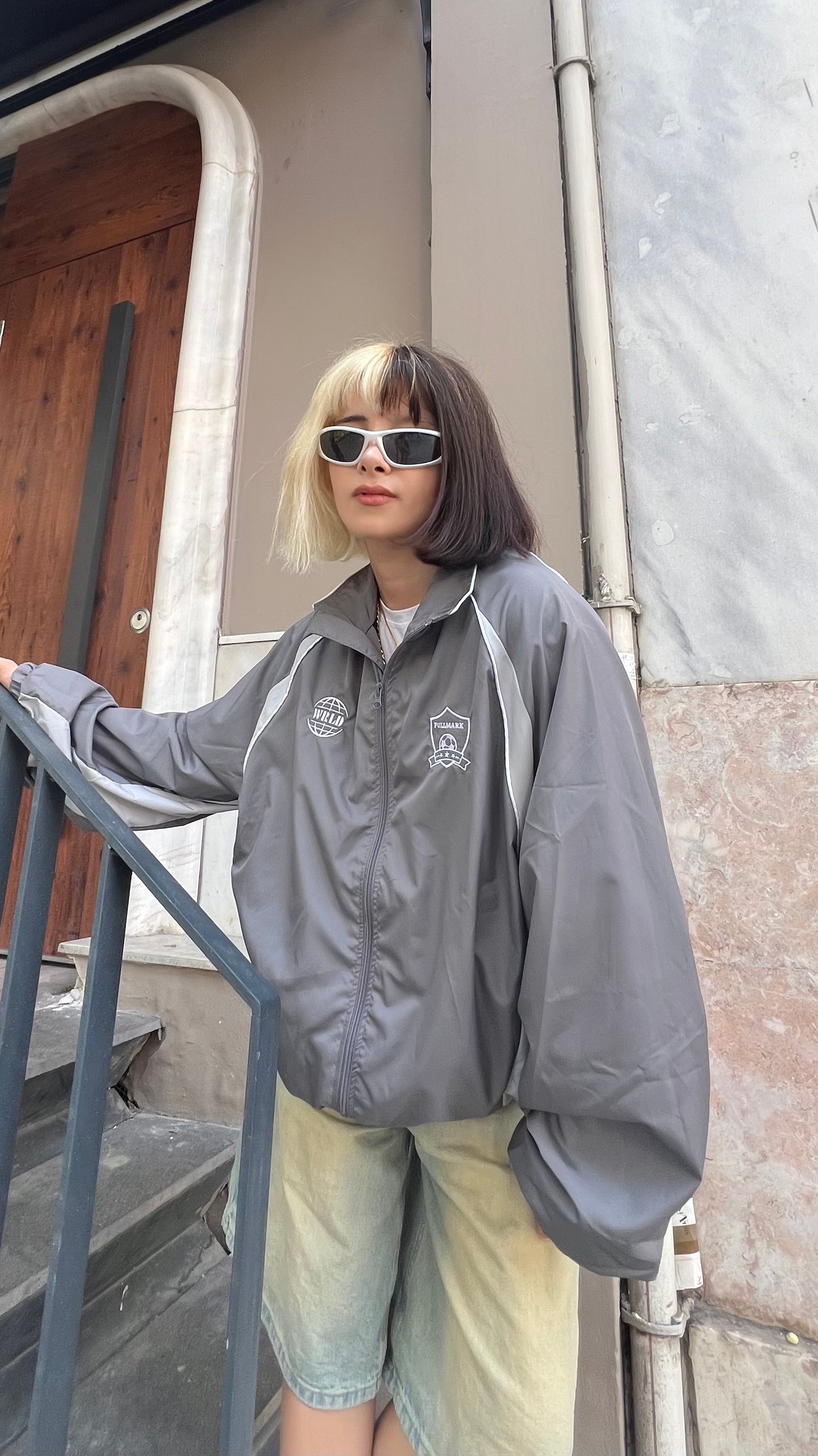 Parçalı Gri Oversize Track Jacket 