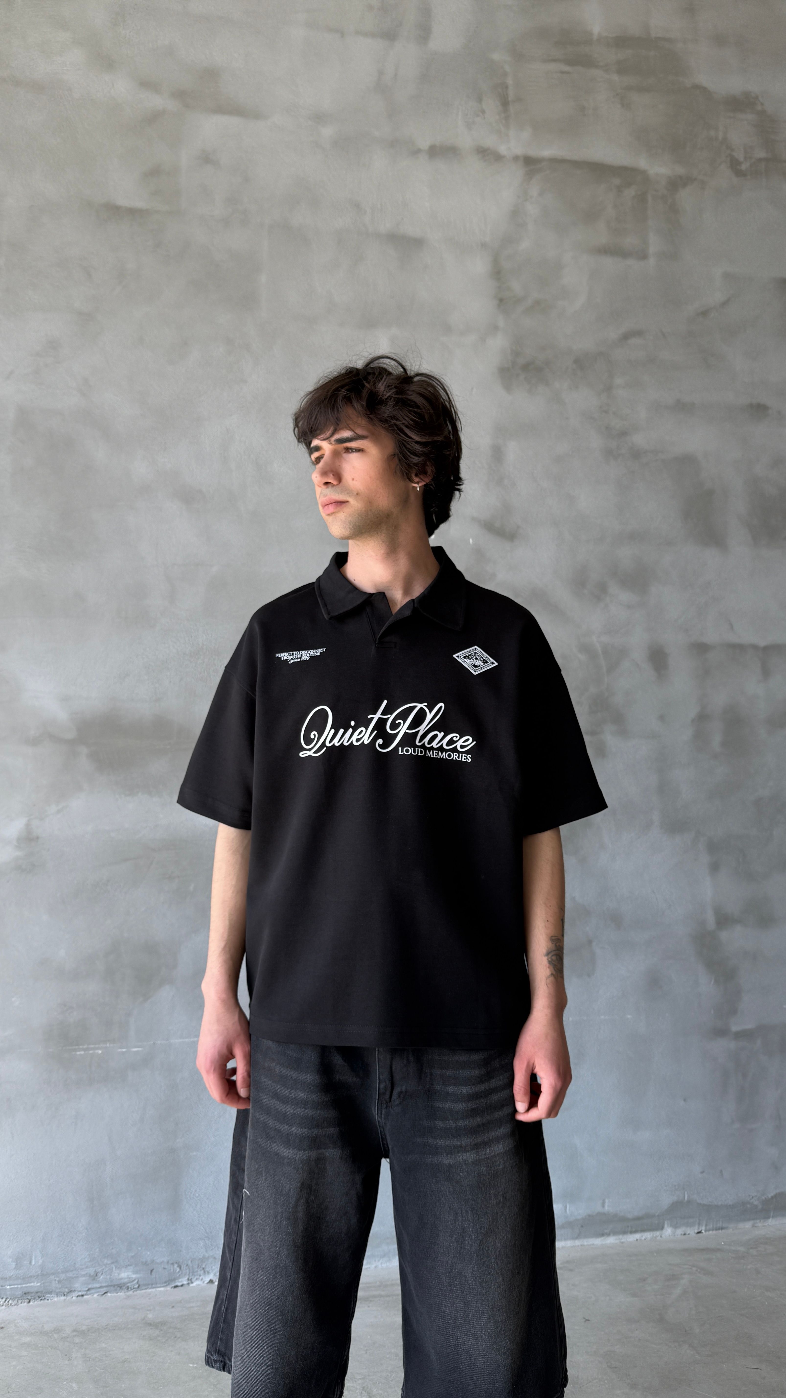 Siyah Quite Palace Polo Yaka Oversize Tişört 