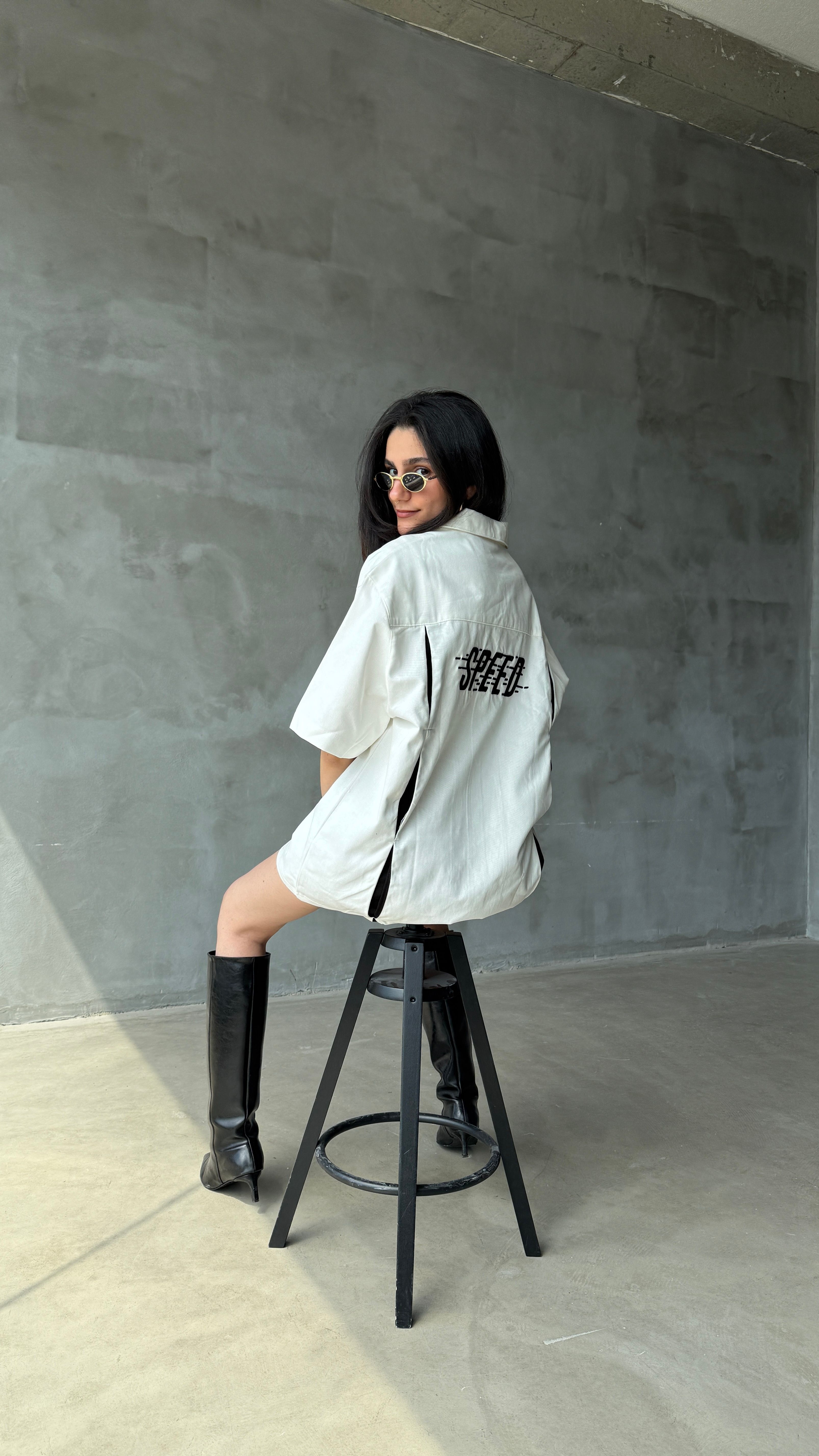 Beyaz Racing Club Premium Oversize Kot Gömlek