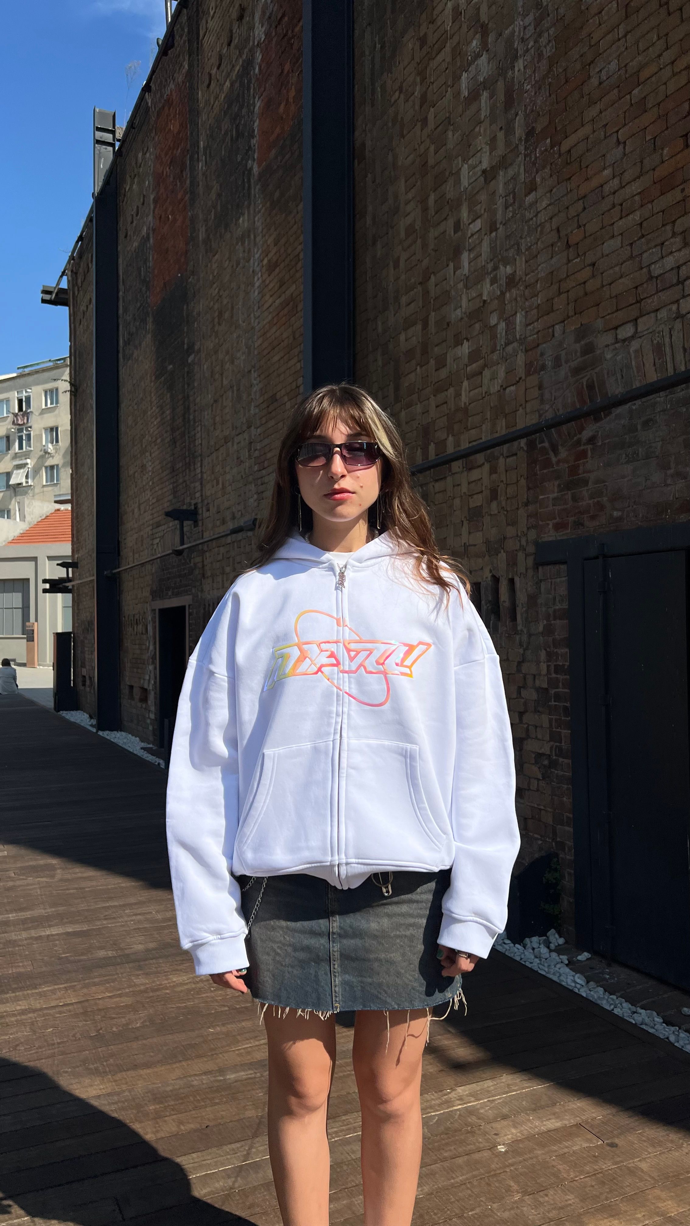 RW White Hologram Baskı Oversize Zipper Hoodie 