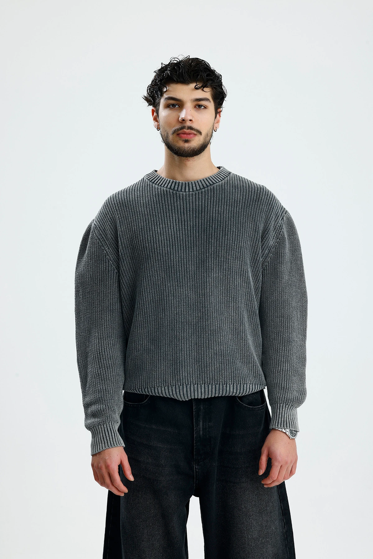 Basic Antrasit Yıkamalı Boxy Fit Oversize Örgü Kazak