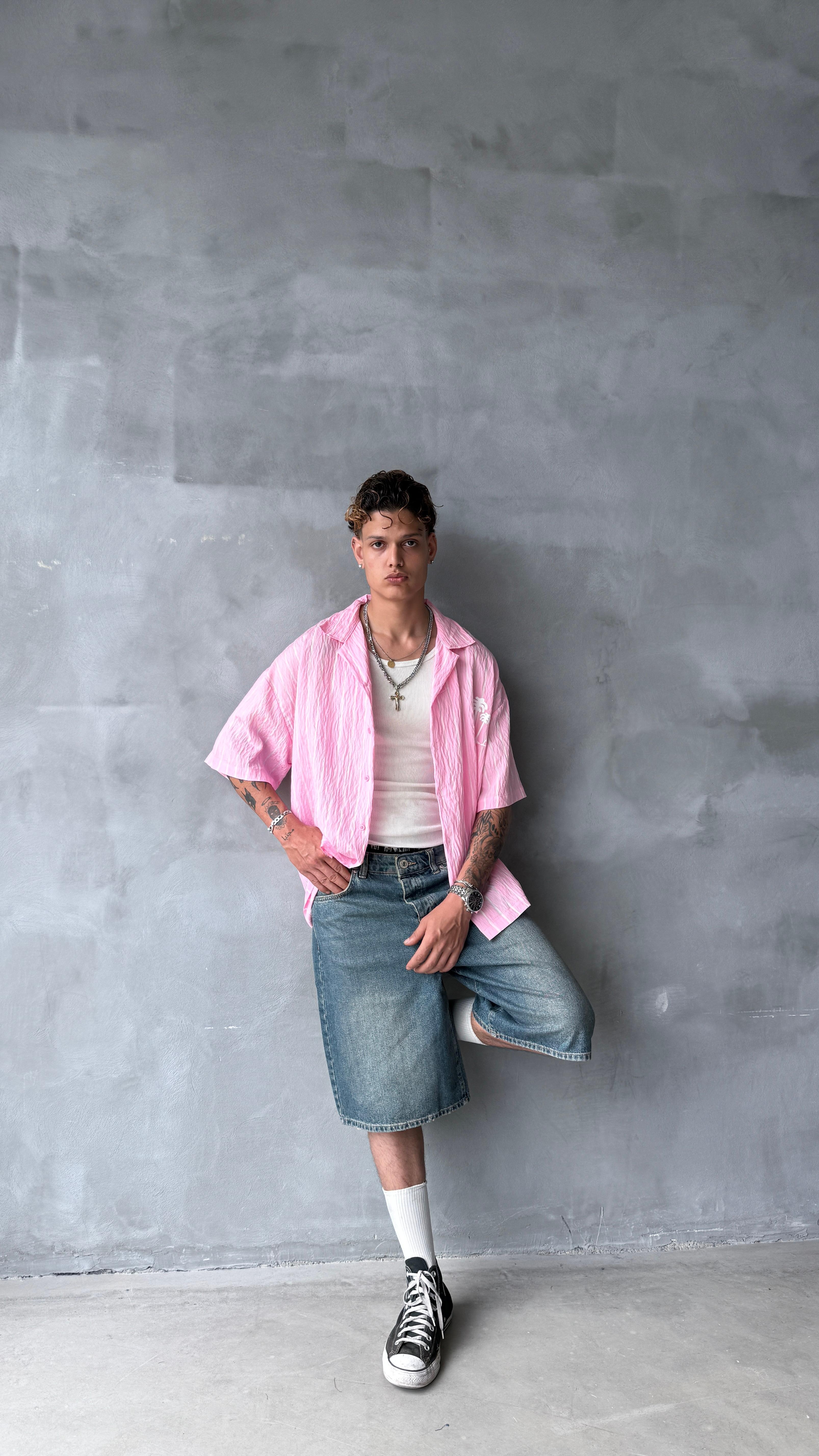 Pembe LA Çizgili Oversize Keten Gömlek