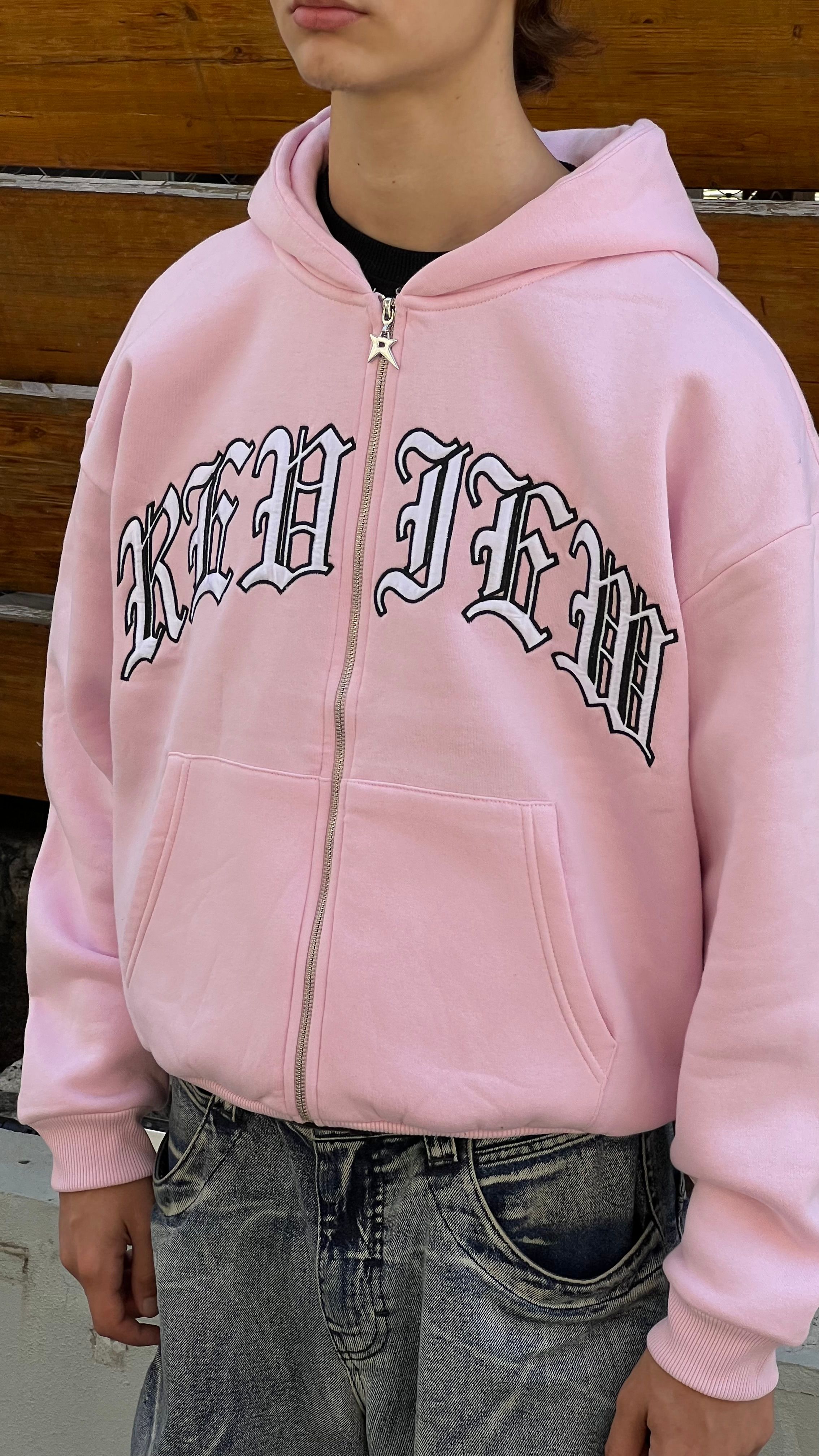 RW Baby Pink Nakış İşlemeli Oversize Zipper Hoodie 