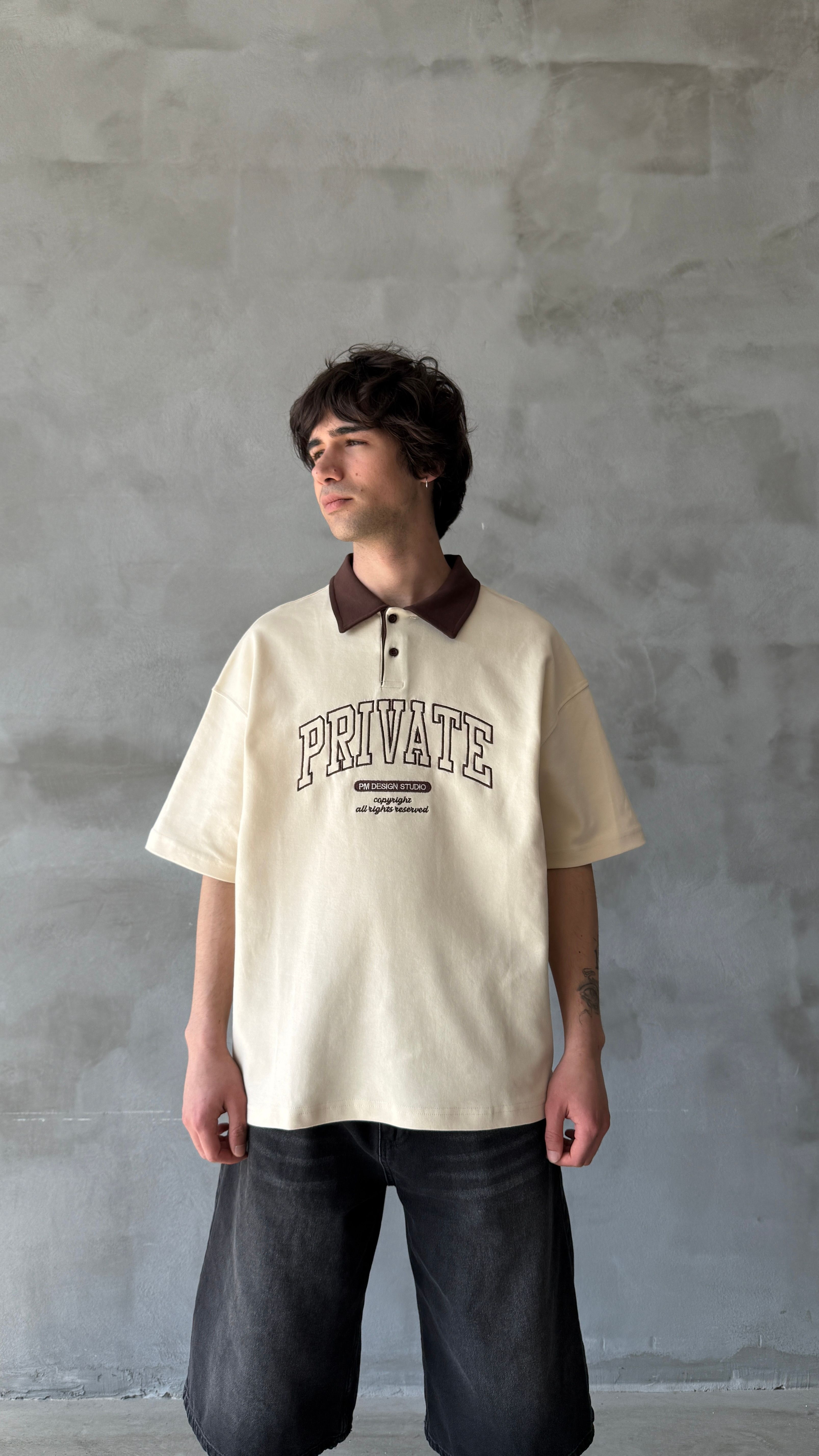 Krem Private Polo Yaka Oversize Tişört 