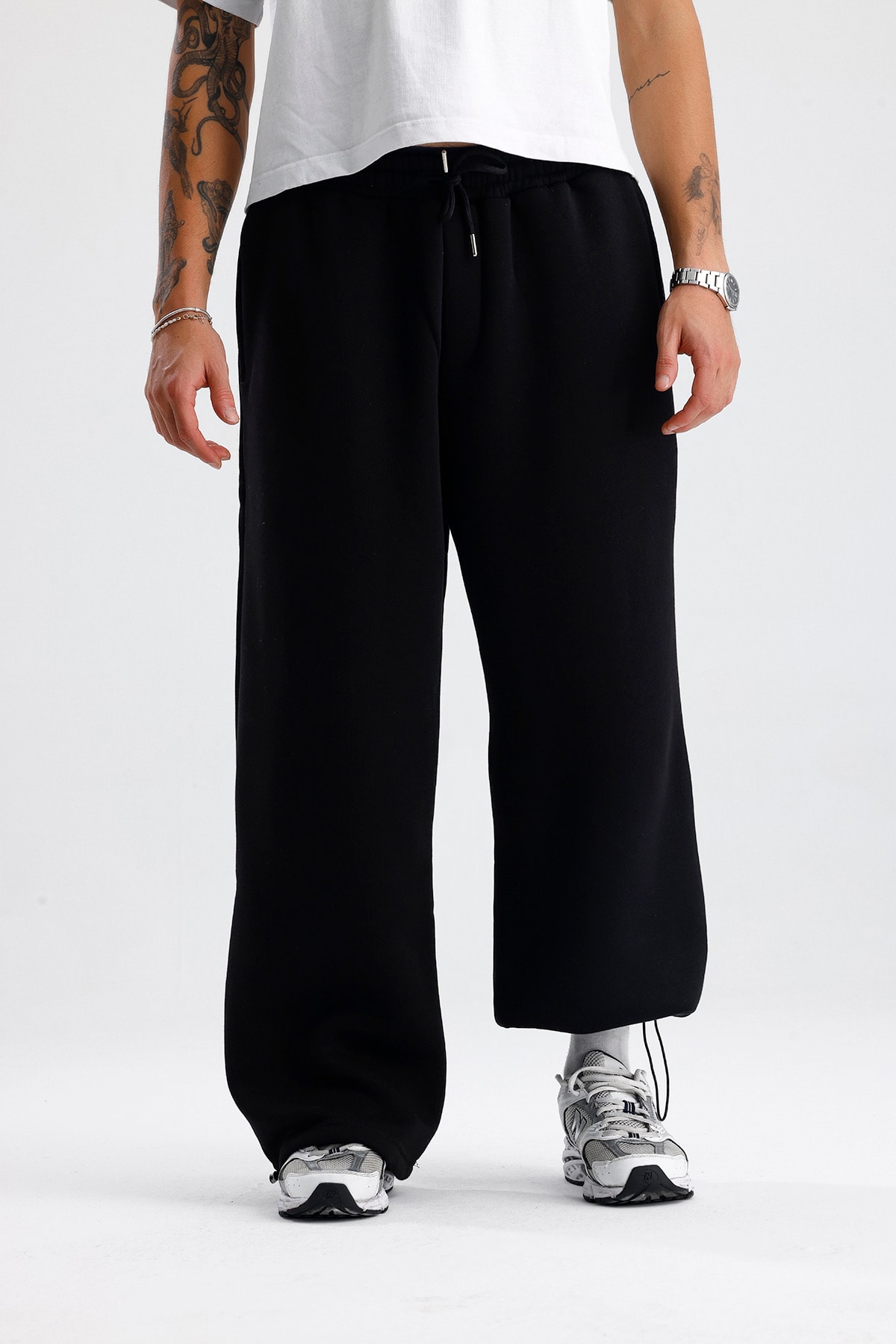 Siyah Basic Kışlık Kumaş Paçası Ayarlanabilir Baggy Eşofman
