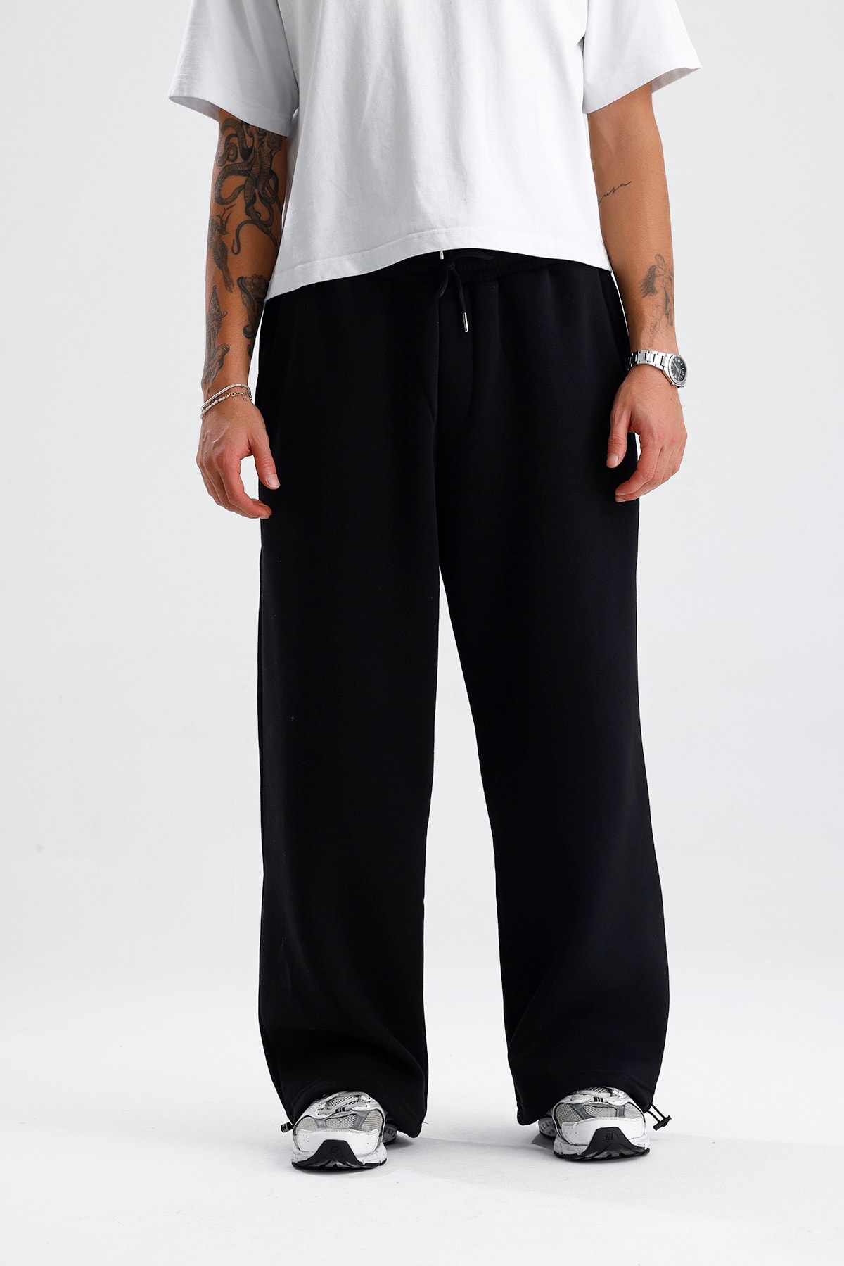 Siyah Basic Kışlık Kumaş Paçası Ayarlanabilir Baggy Eşofman