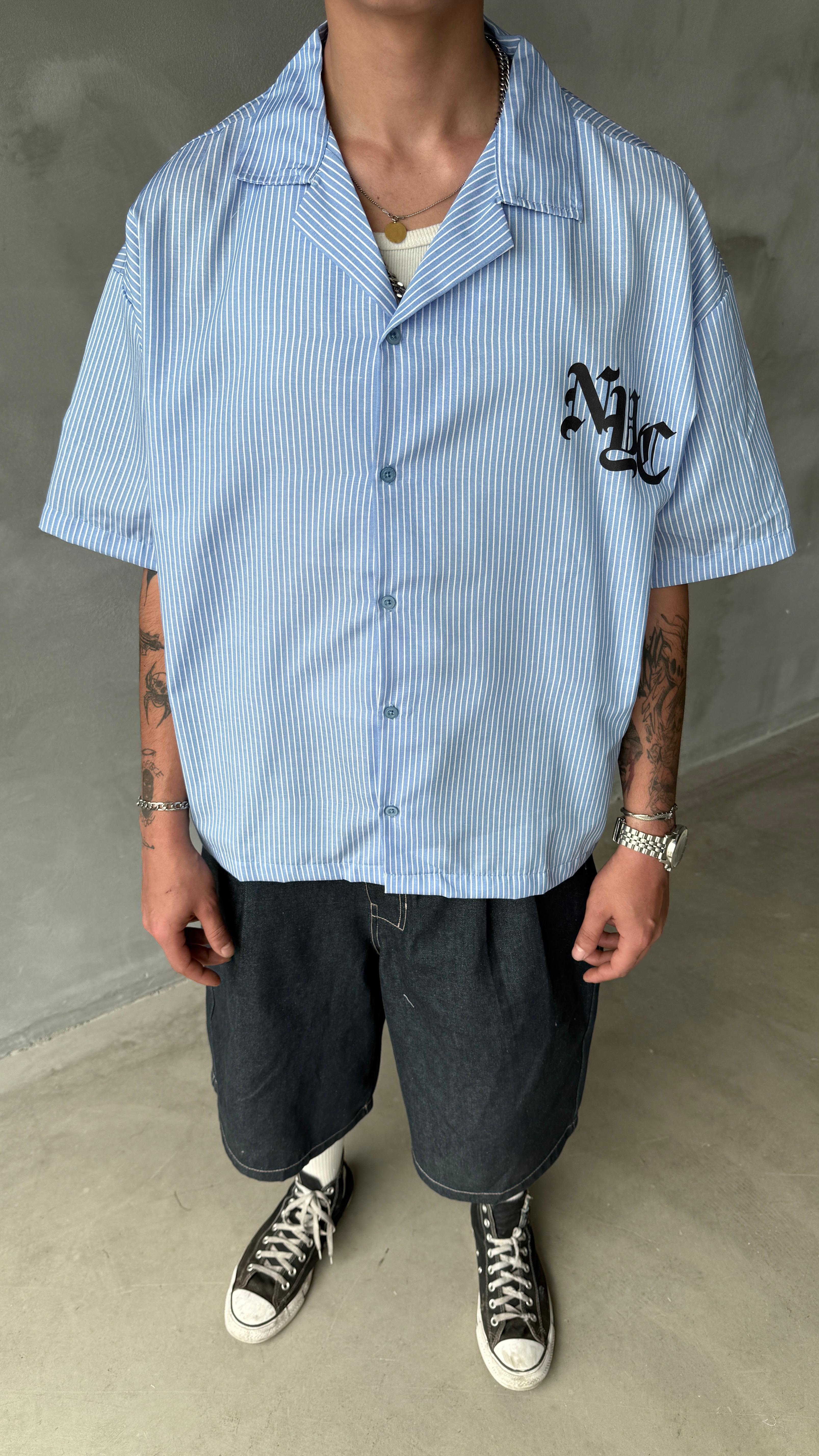 Mavi NYC Çizgili Oversize Gömlek 