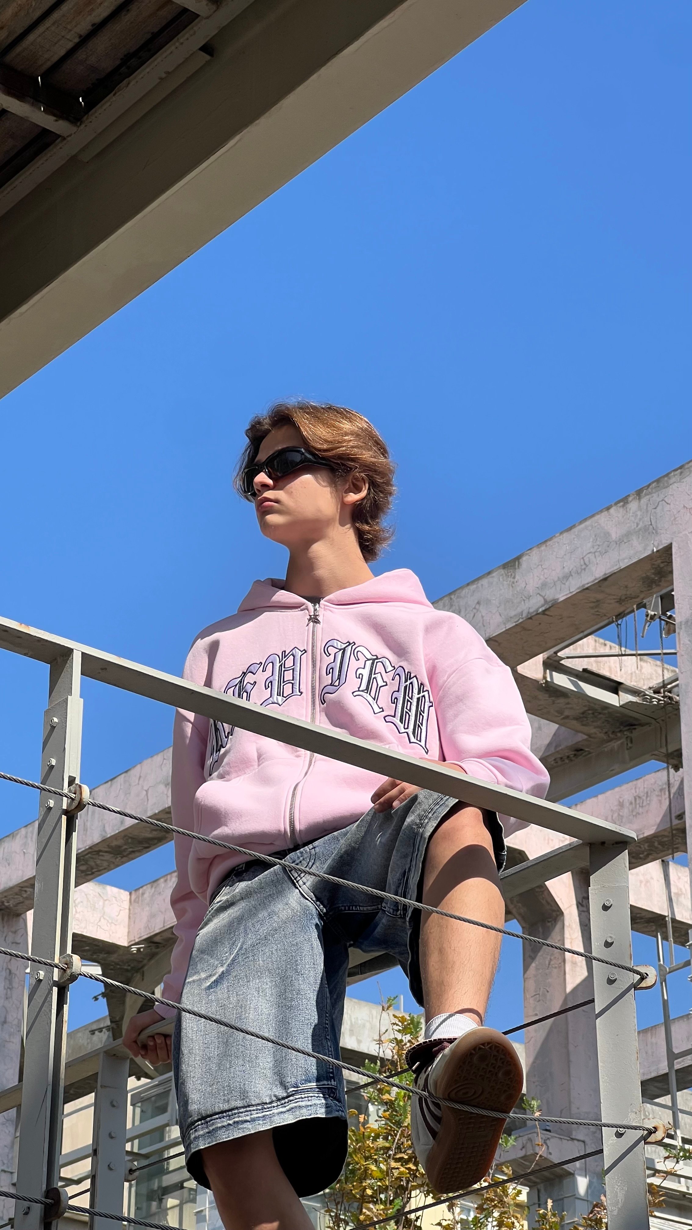 RW Baby Pink Nakış İşlemeli Oversize Zipper Hoodie 