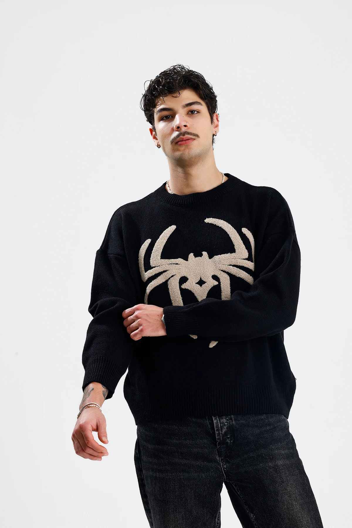 Spider Nakış İşlemeli Premium Oversize Triko Kazak