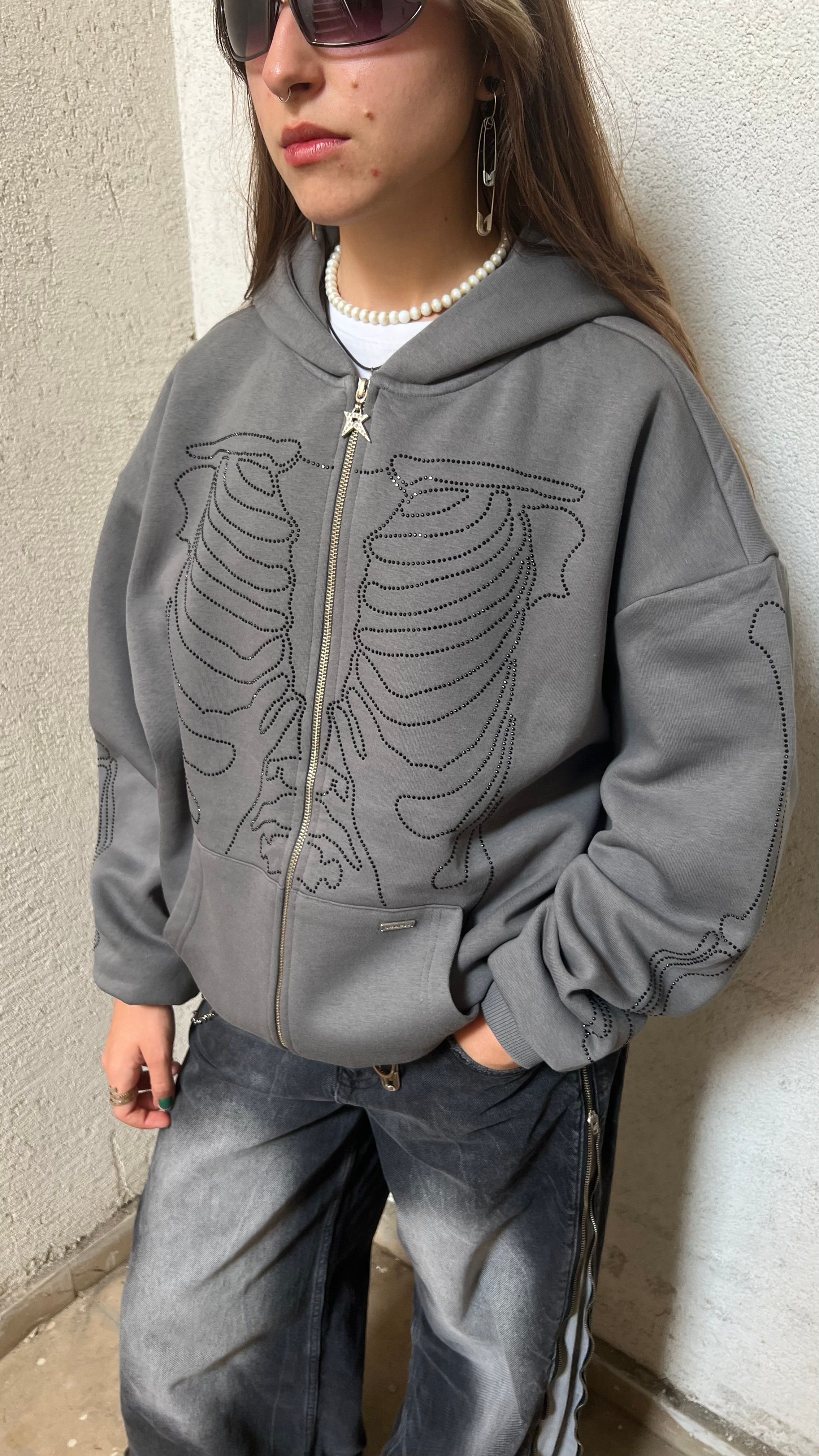 RW Gray Skeleton Rinestones Oversize Zipper Hoodie