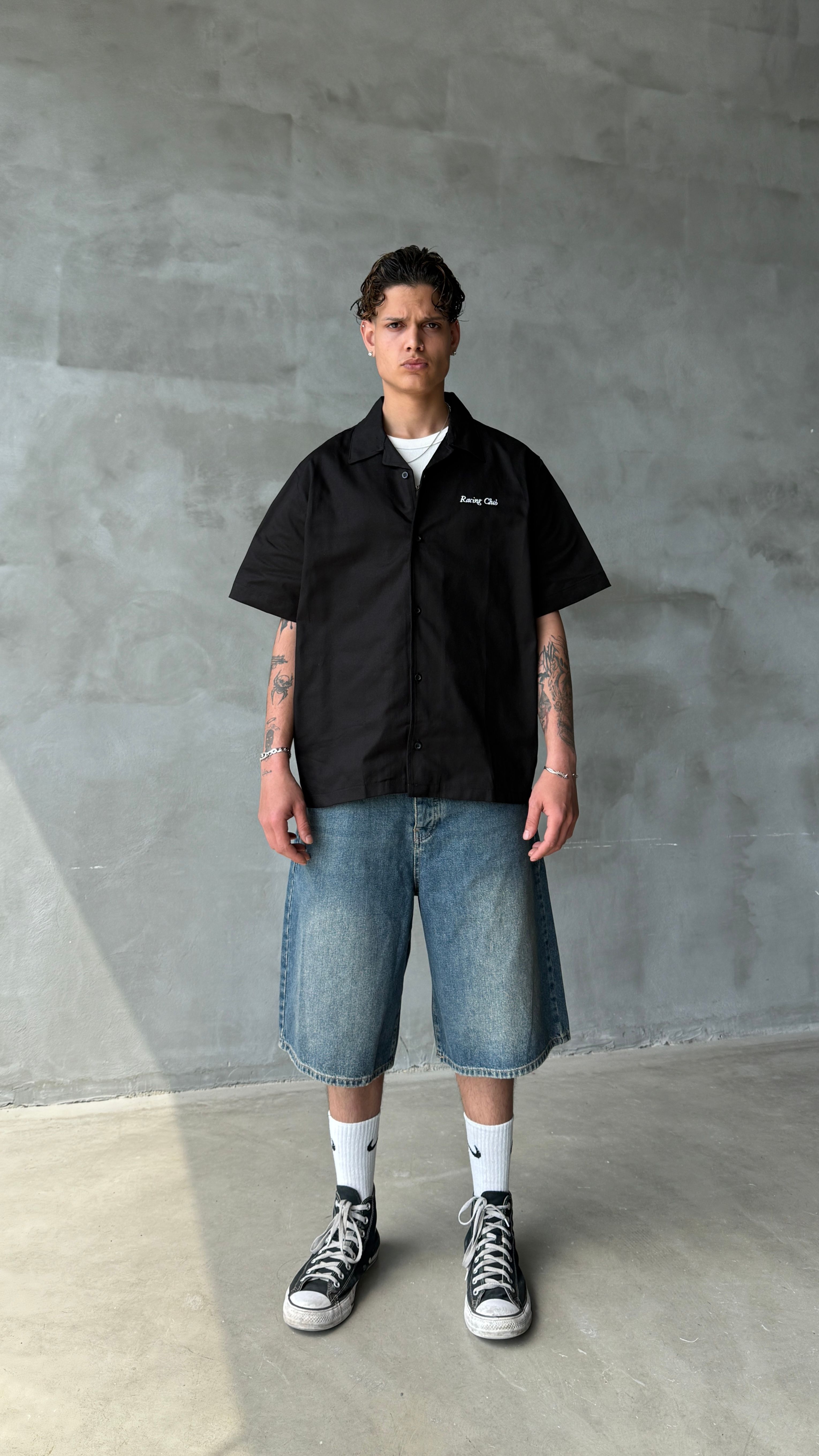 Siyah Racing Club Premium Oversize Kot Gömlek
