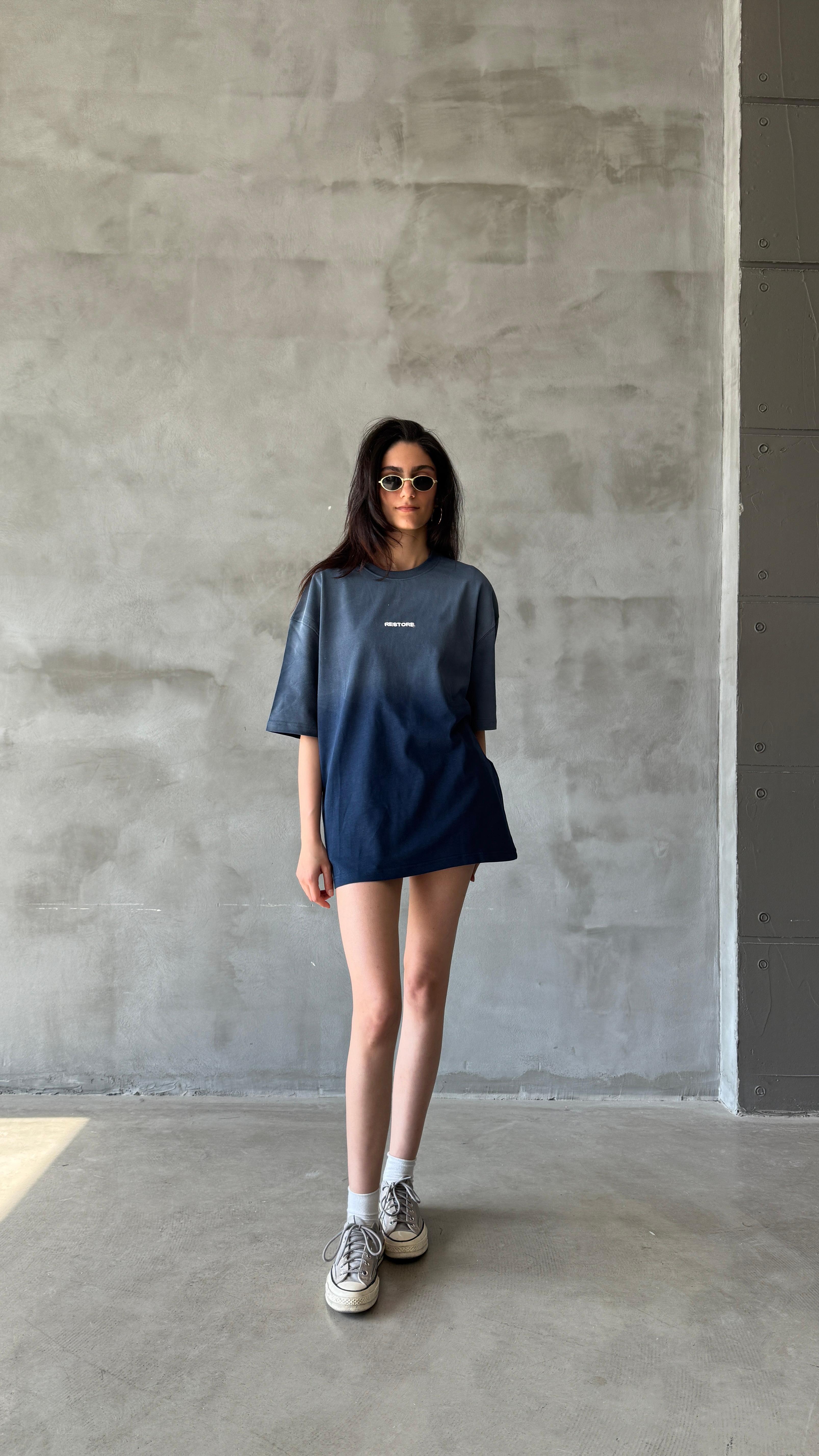 Lacivert Restore Yıkamalı Oversize Tişört 