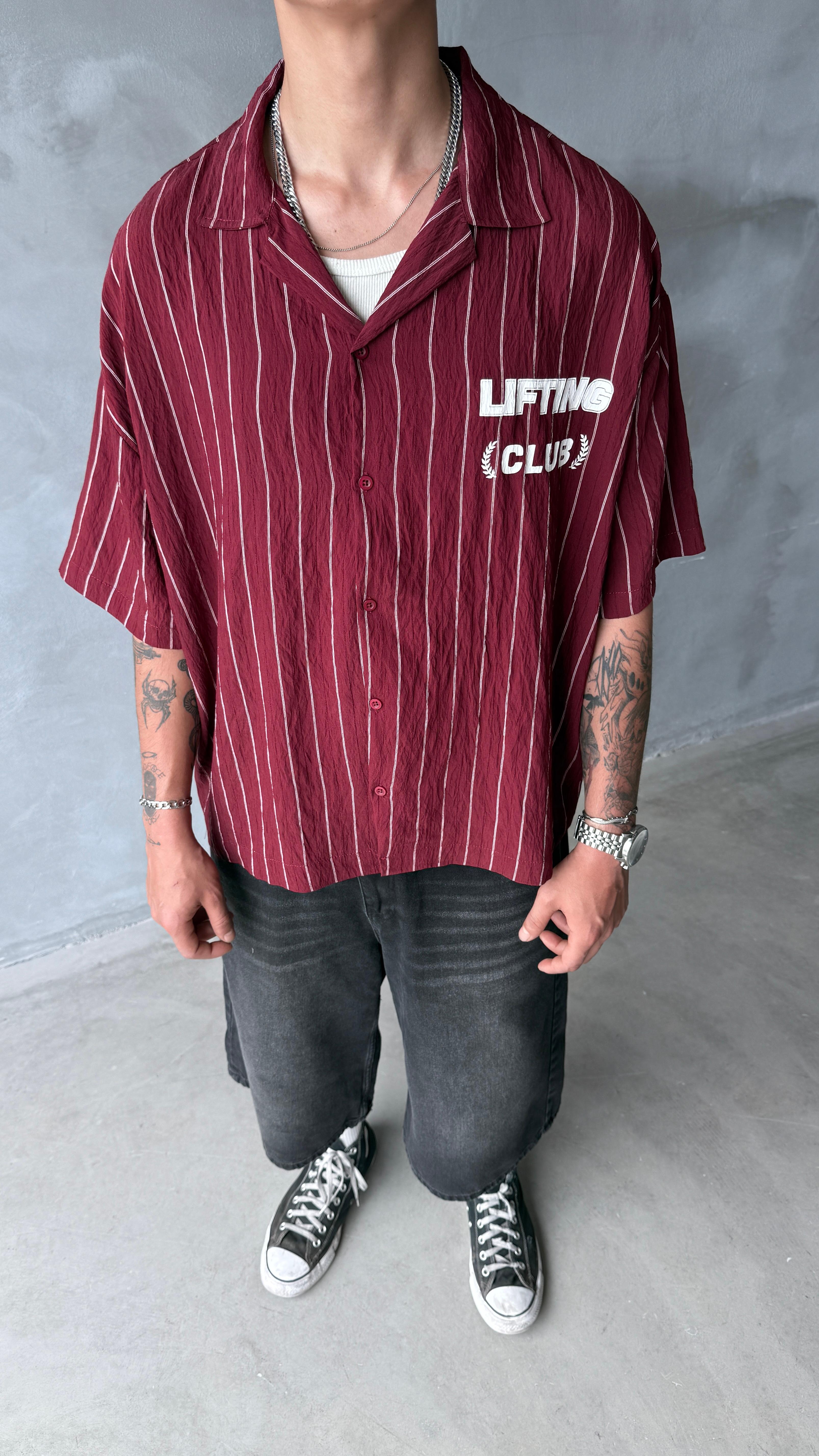 Bordo Lifting Club Çizgili Oversize Keten Gömlek