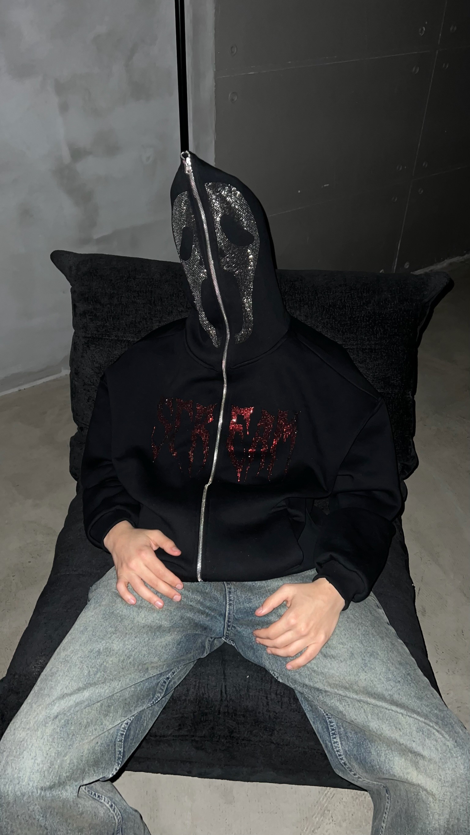 Scream Taş İşlemeli Oversize Full Zipper Hoodie