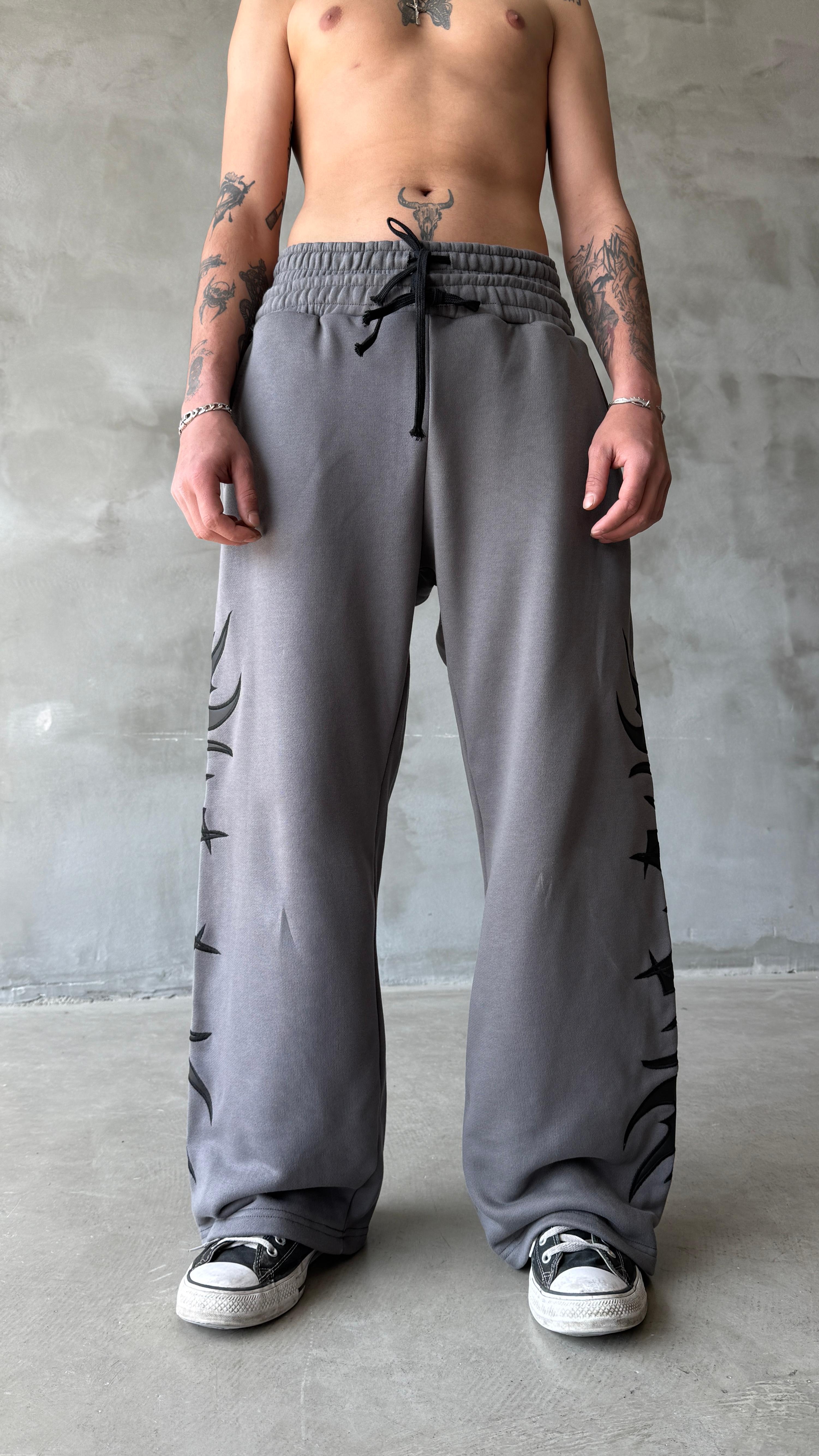 Gri Tribal Yıkamalı Deri Detay Double Waist Premium Baggy Sweatpant