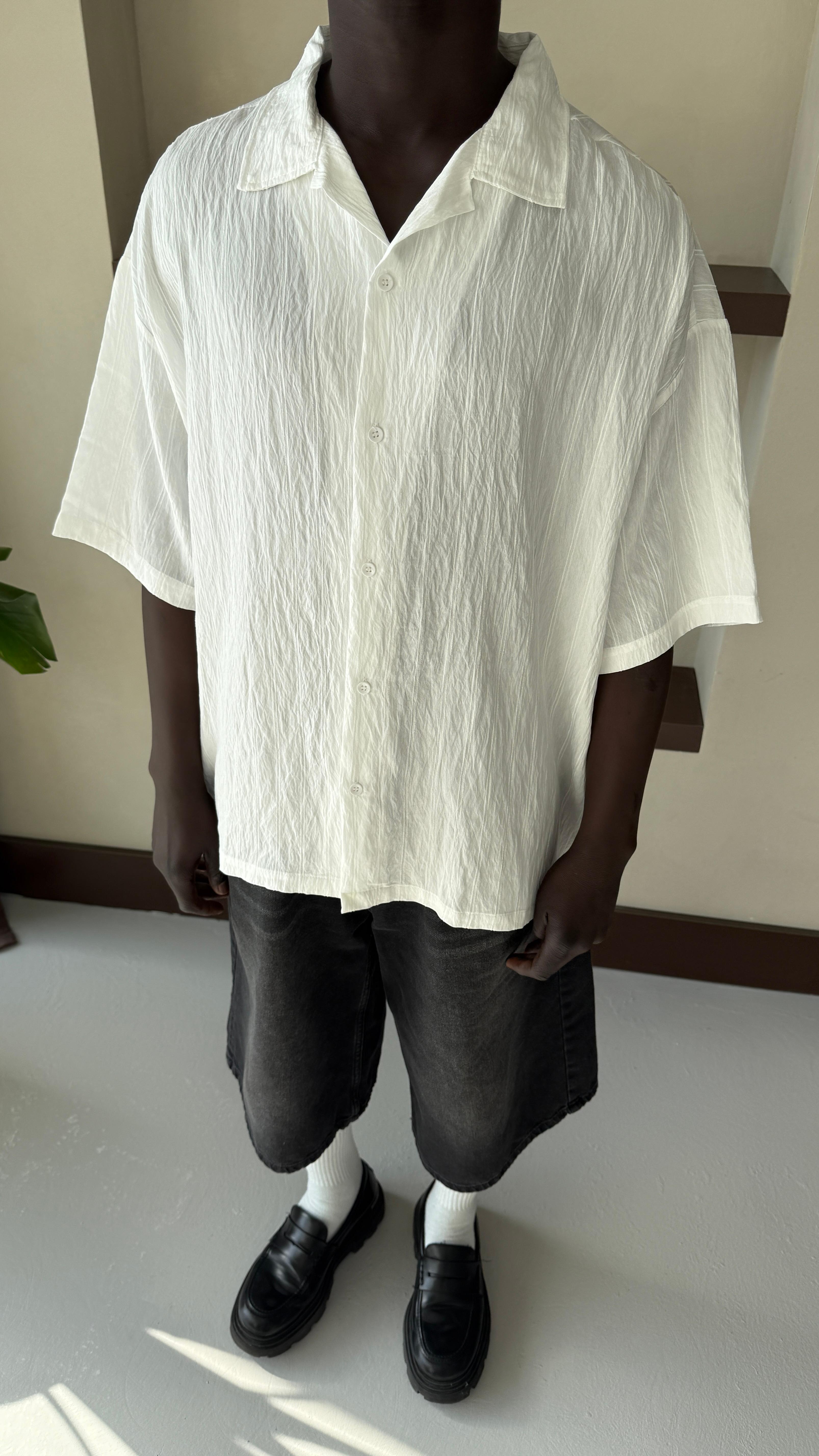 Beyaz Basic Oversize Keten Gömlek 