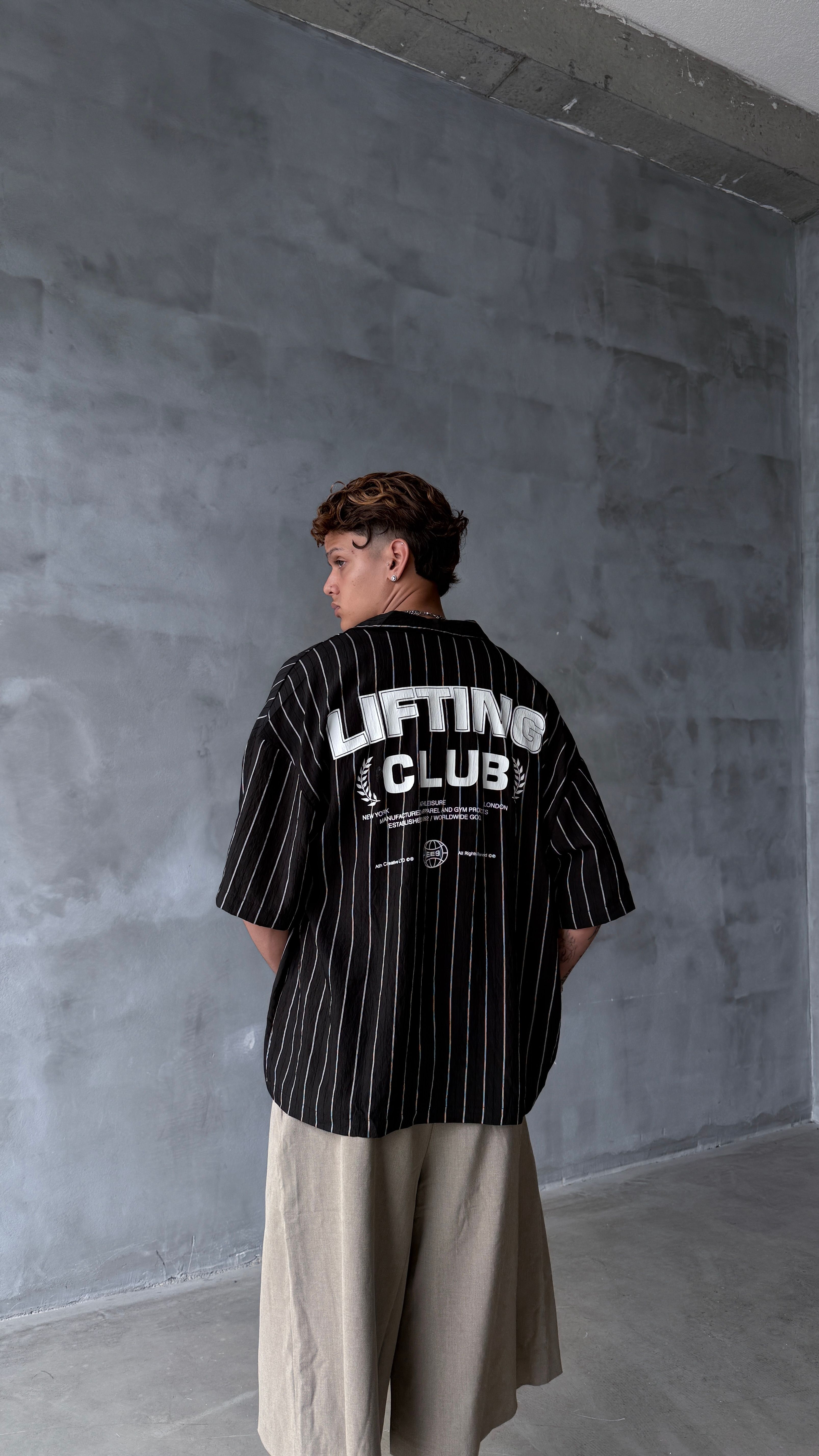 Siyah Lifting Club Çizgili Oversize Keten Gömlek