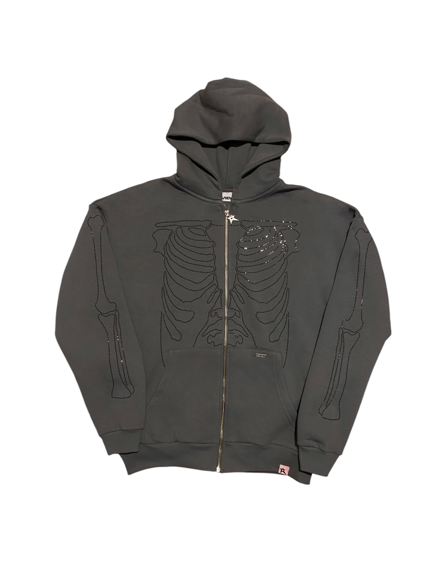 RW Gray Skeleton Rinestones Oversize Zipper Hoodie