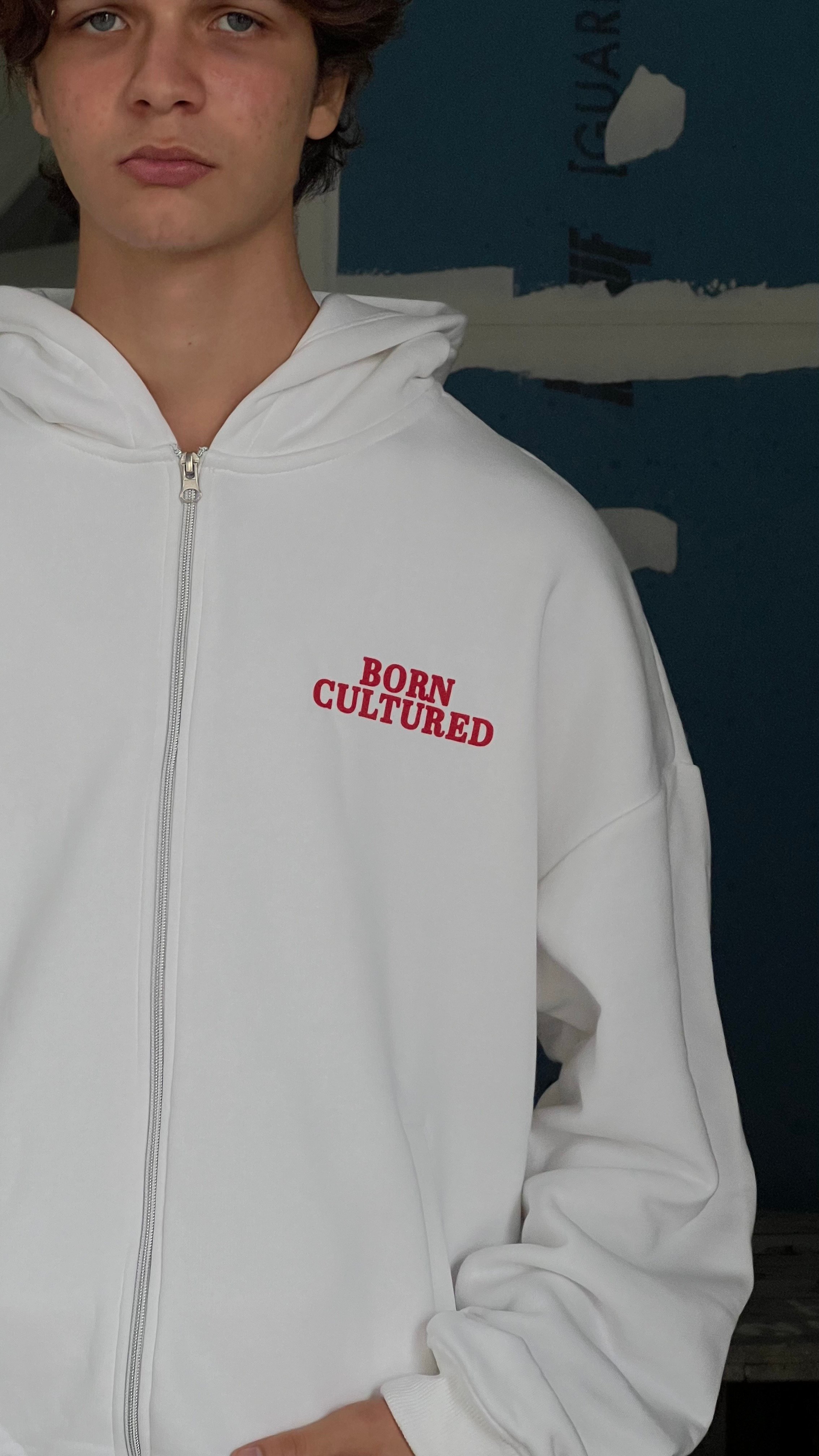 Born Cultured Beyaz Oversize Zipper Hoodie