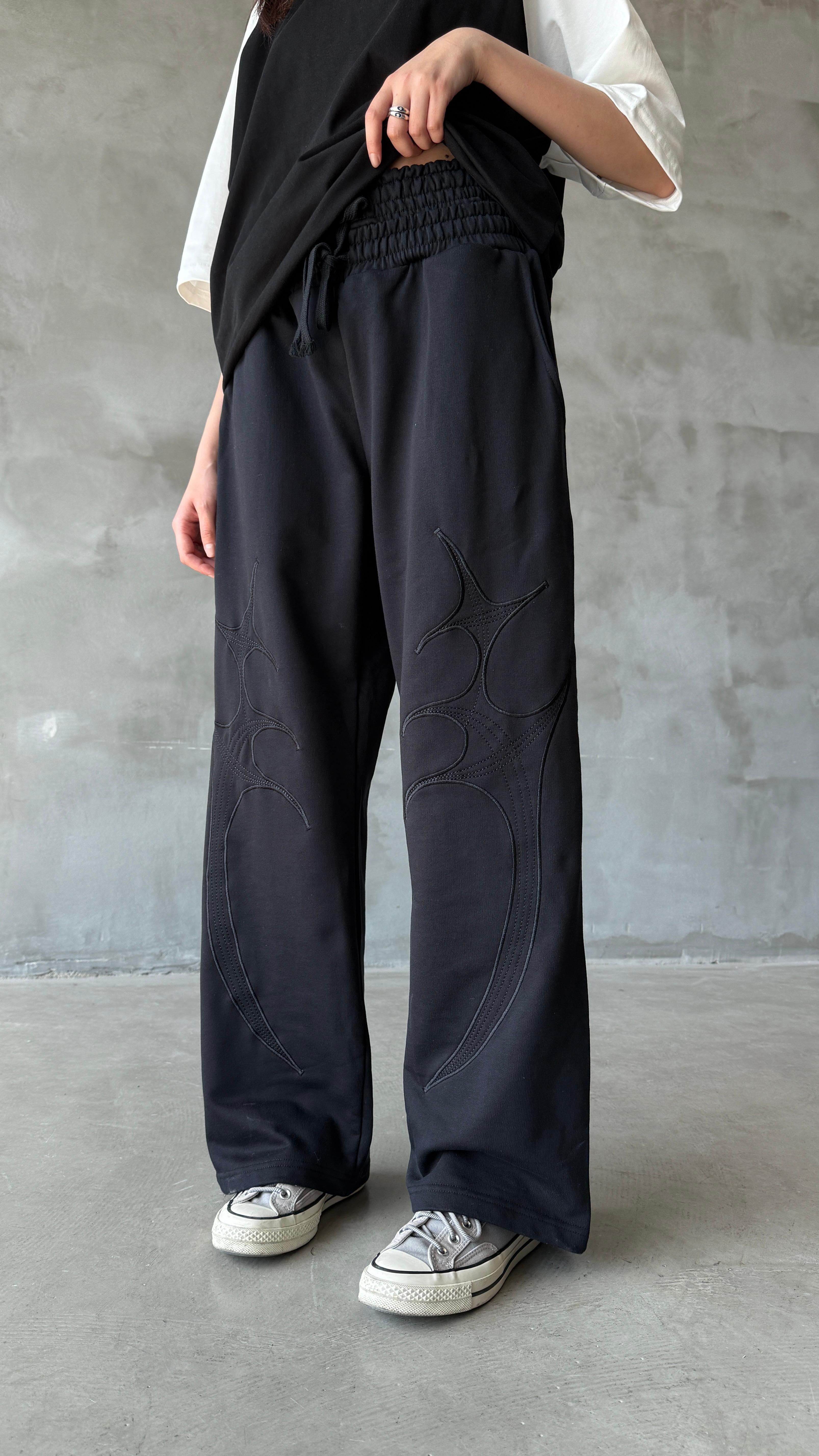 Siyah Yıkamalı Double Swords Nakış Detay Double Waist Premium Baggy Sweatpant