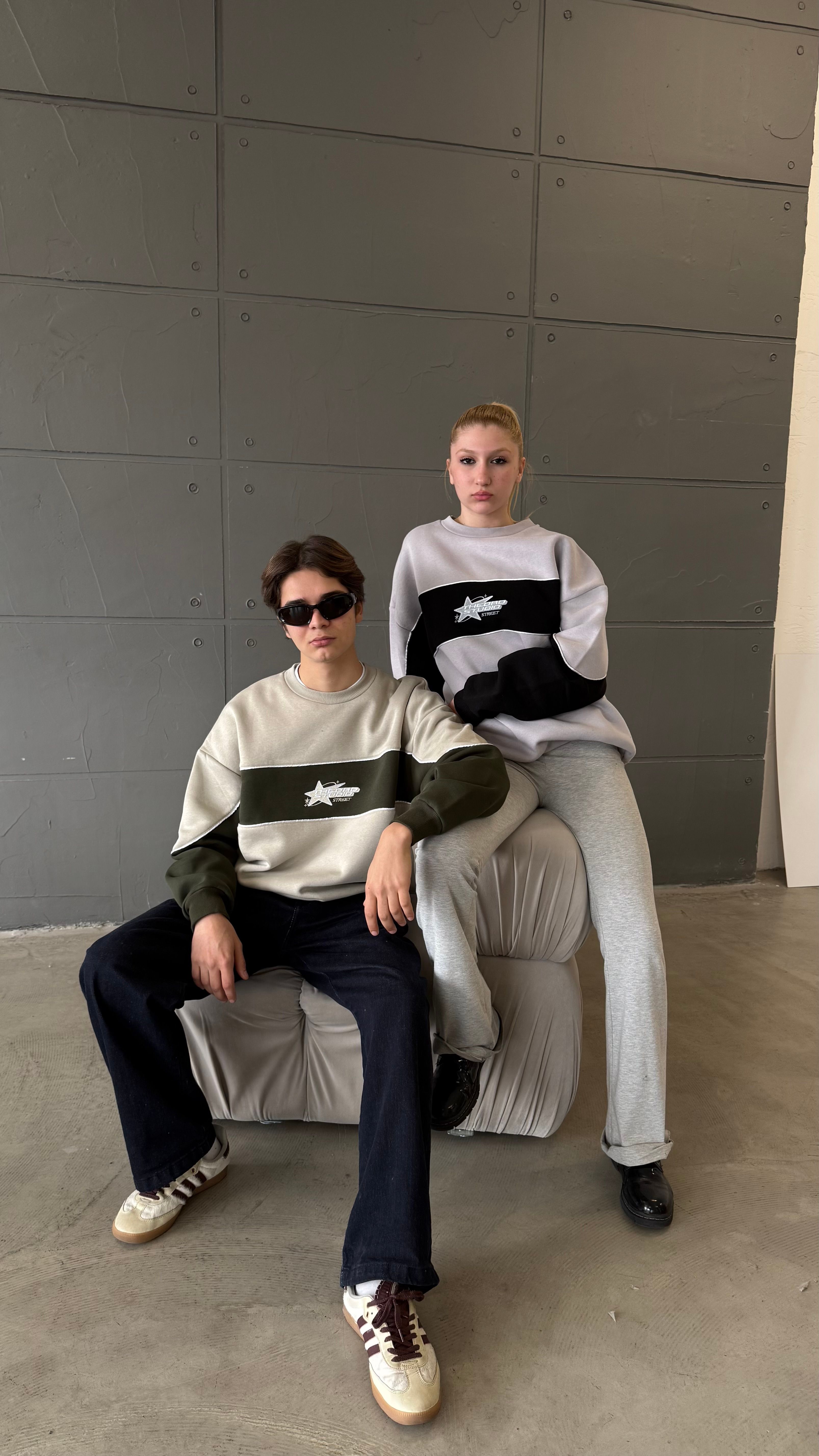 THEDAD Bej Nakış İşlemeli Oversize Sweatshirt