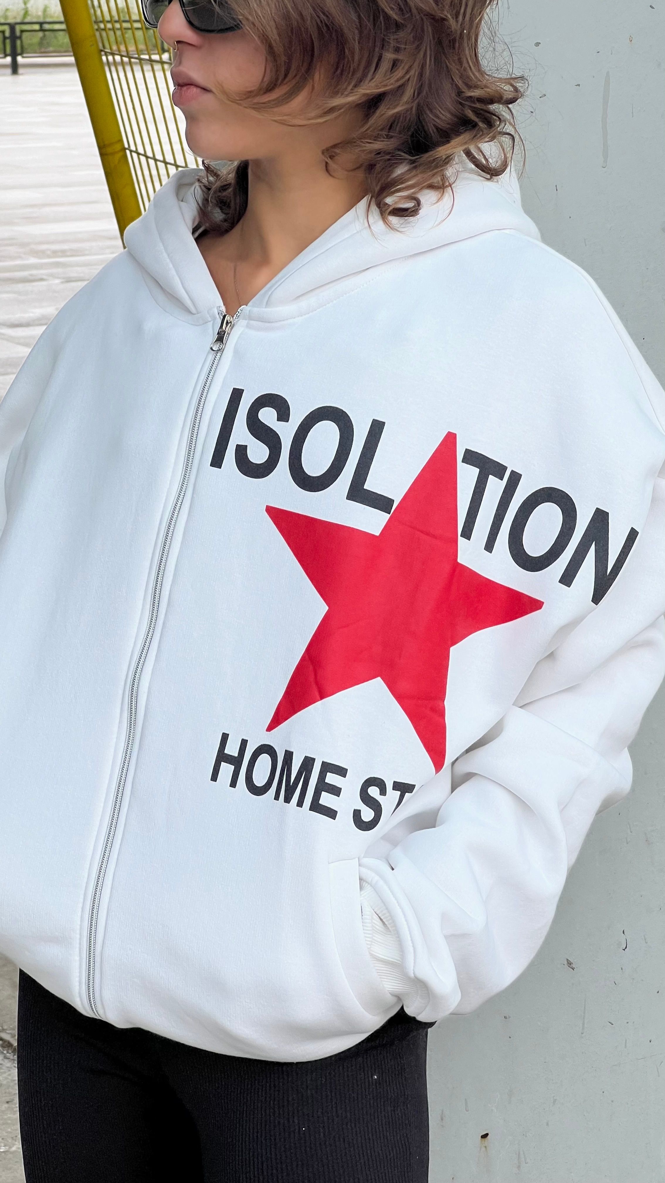 İsolation Beyaz Oversize Zipper Hoodie 