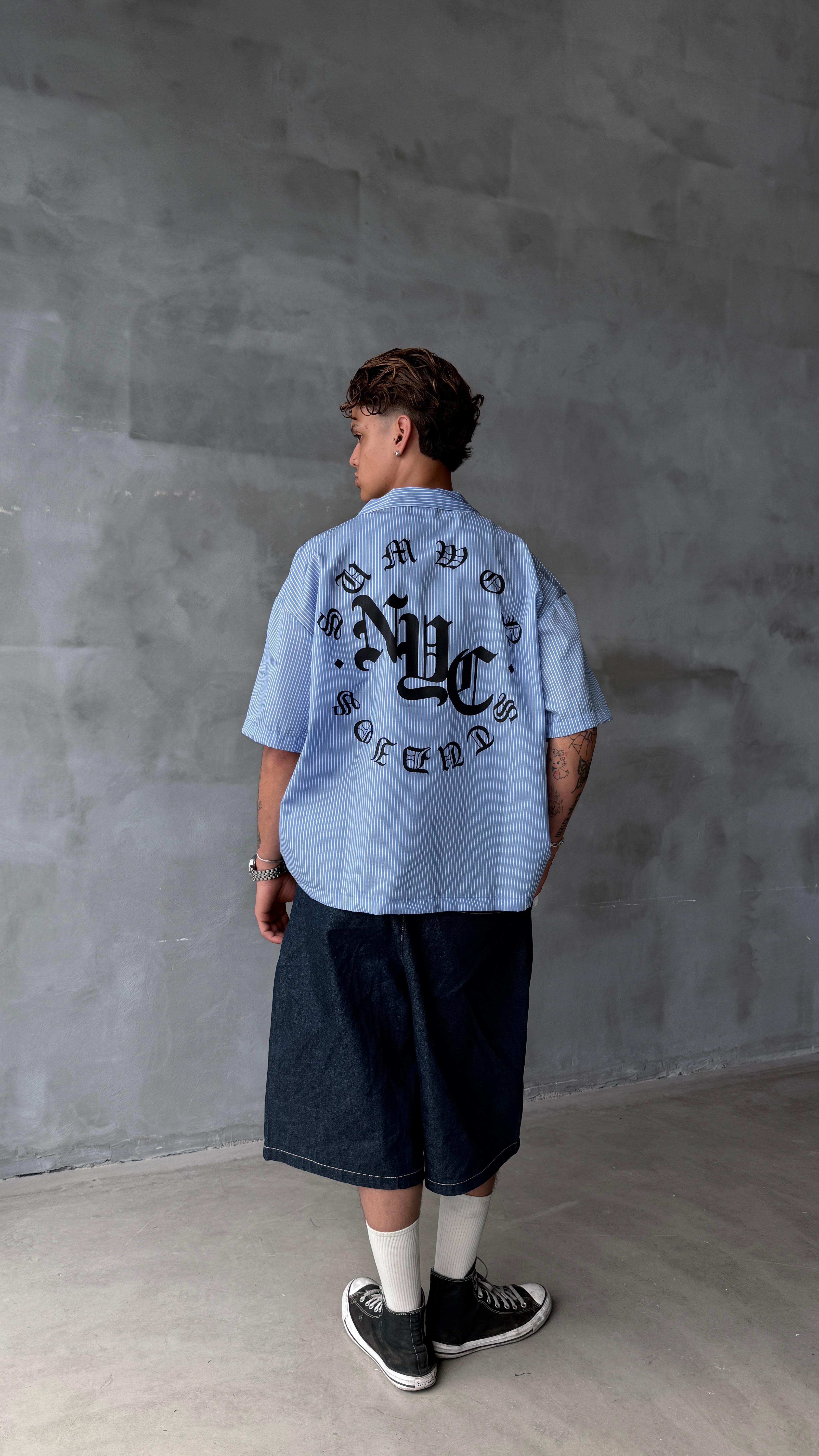 Mavi NYC Çizgili Oversize Gömlek 
