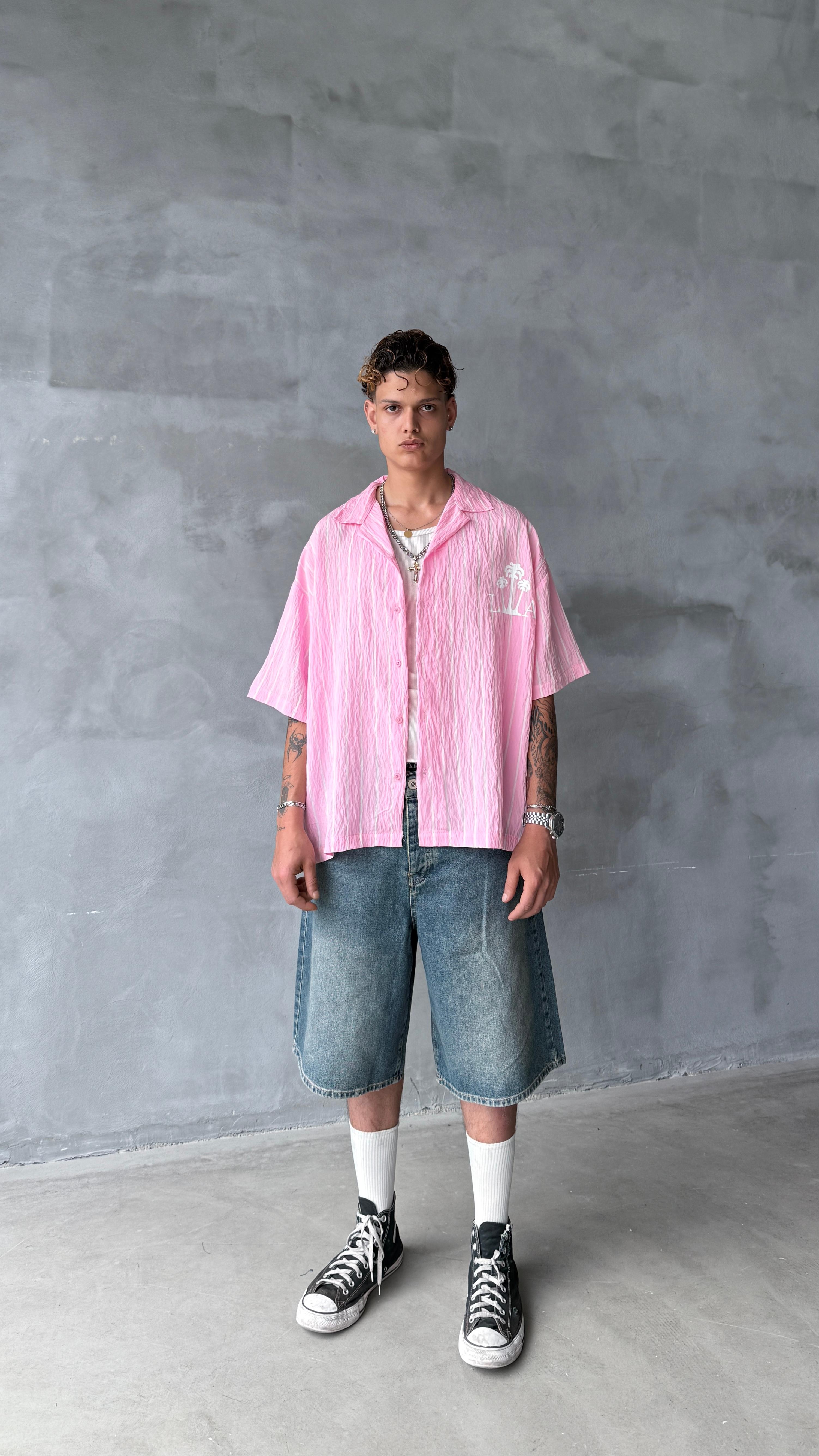 Pembe LA Çizgili Oversize Keten Gömlek