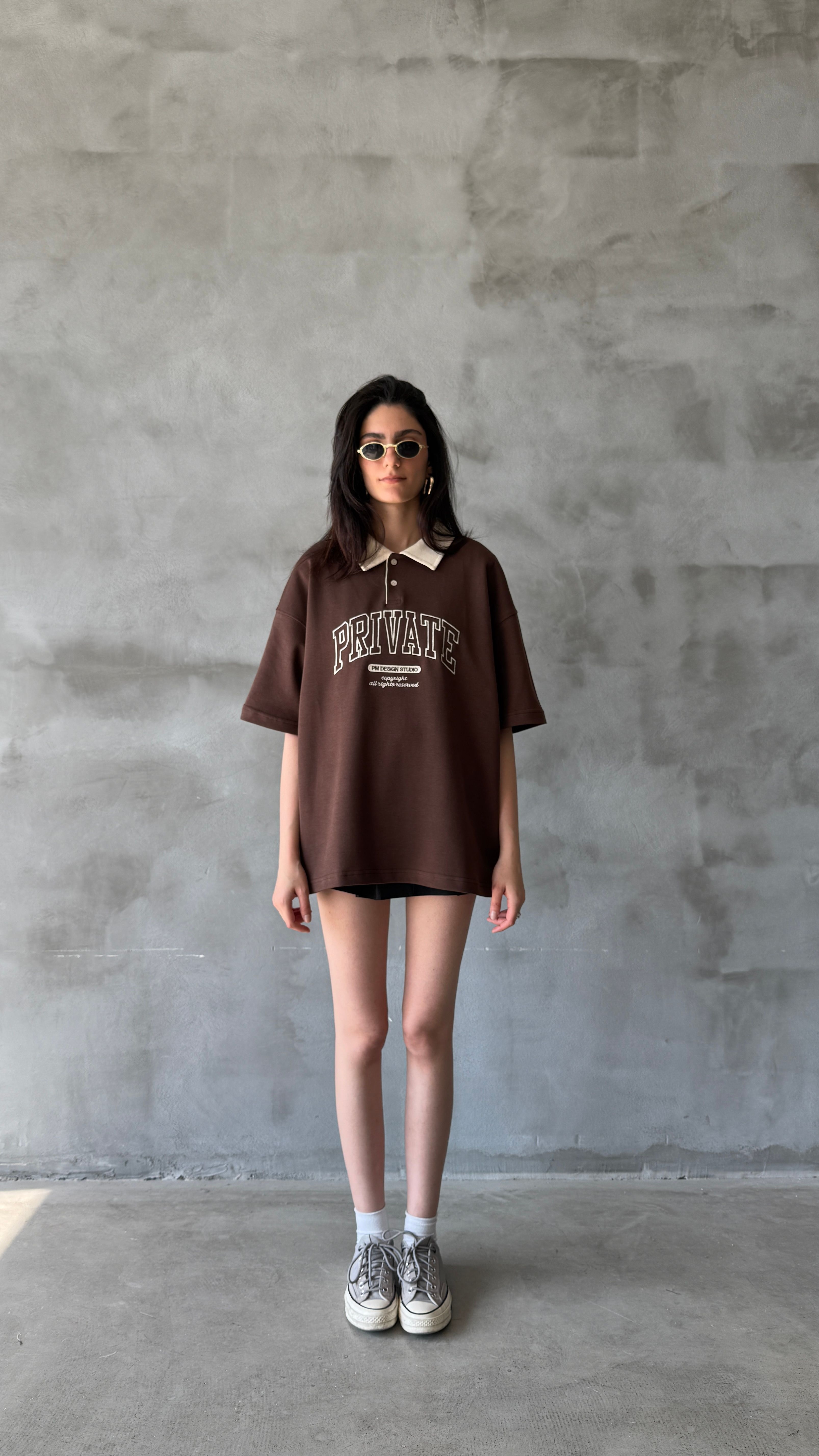Kahve Private Polo Yaka Oversize Tişört 