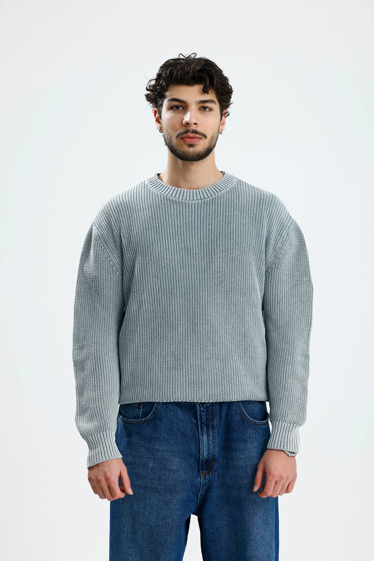 Basic Gri Yıkamalı Boxy Fit Oversize Kazak