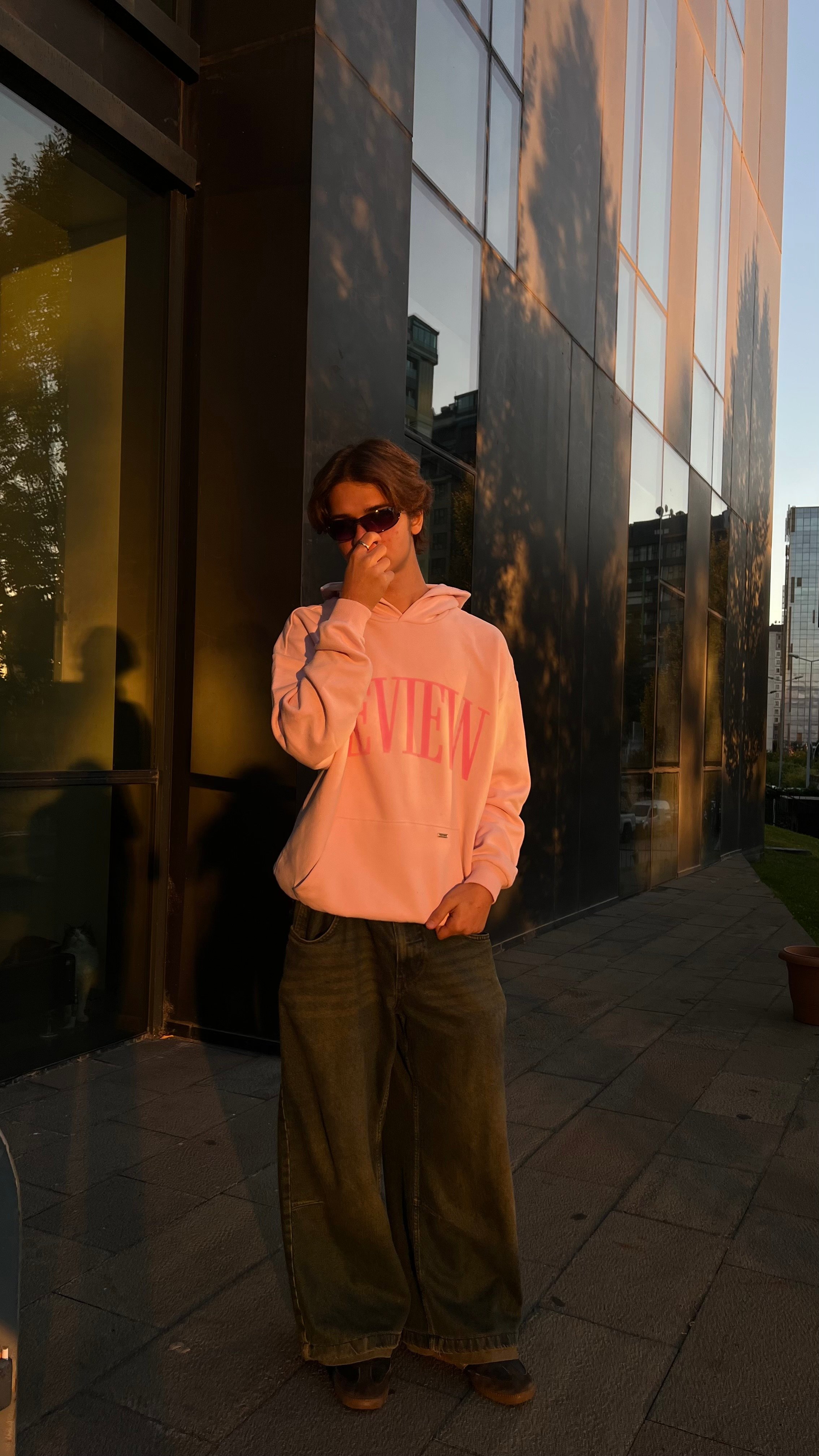 RW Pink To Pink Kabartma Baskı Oversize Hoodie