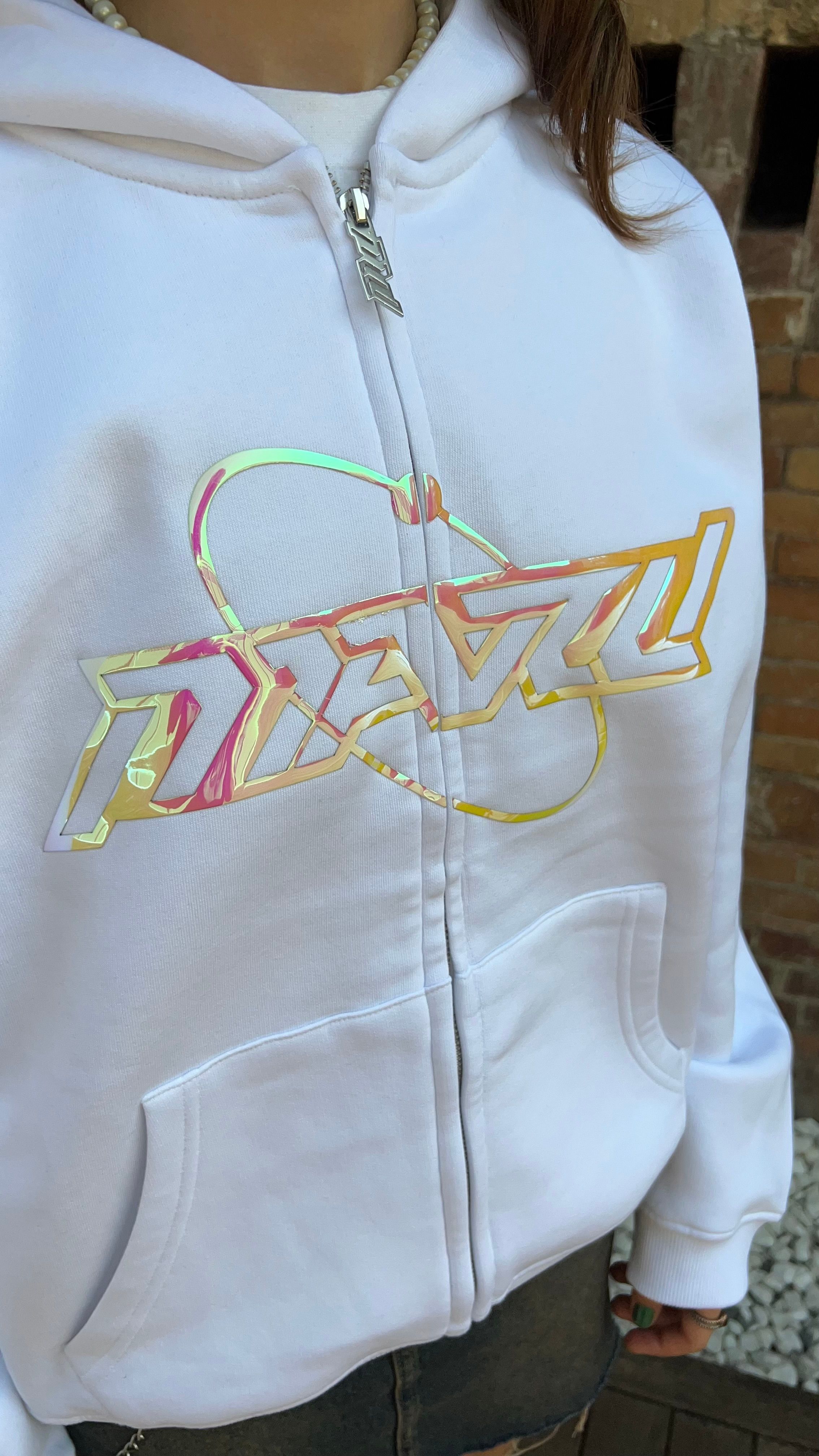 RW White Hologram Baskı Oversize Zipper Hoodie 