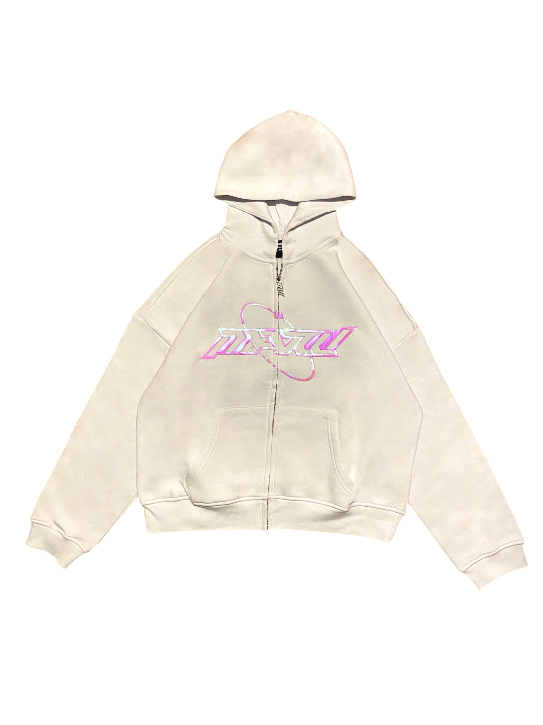 RW White Hologram Baskı Oversize Zipper Hoodie 