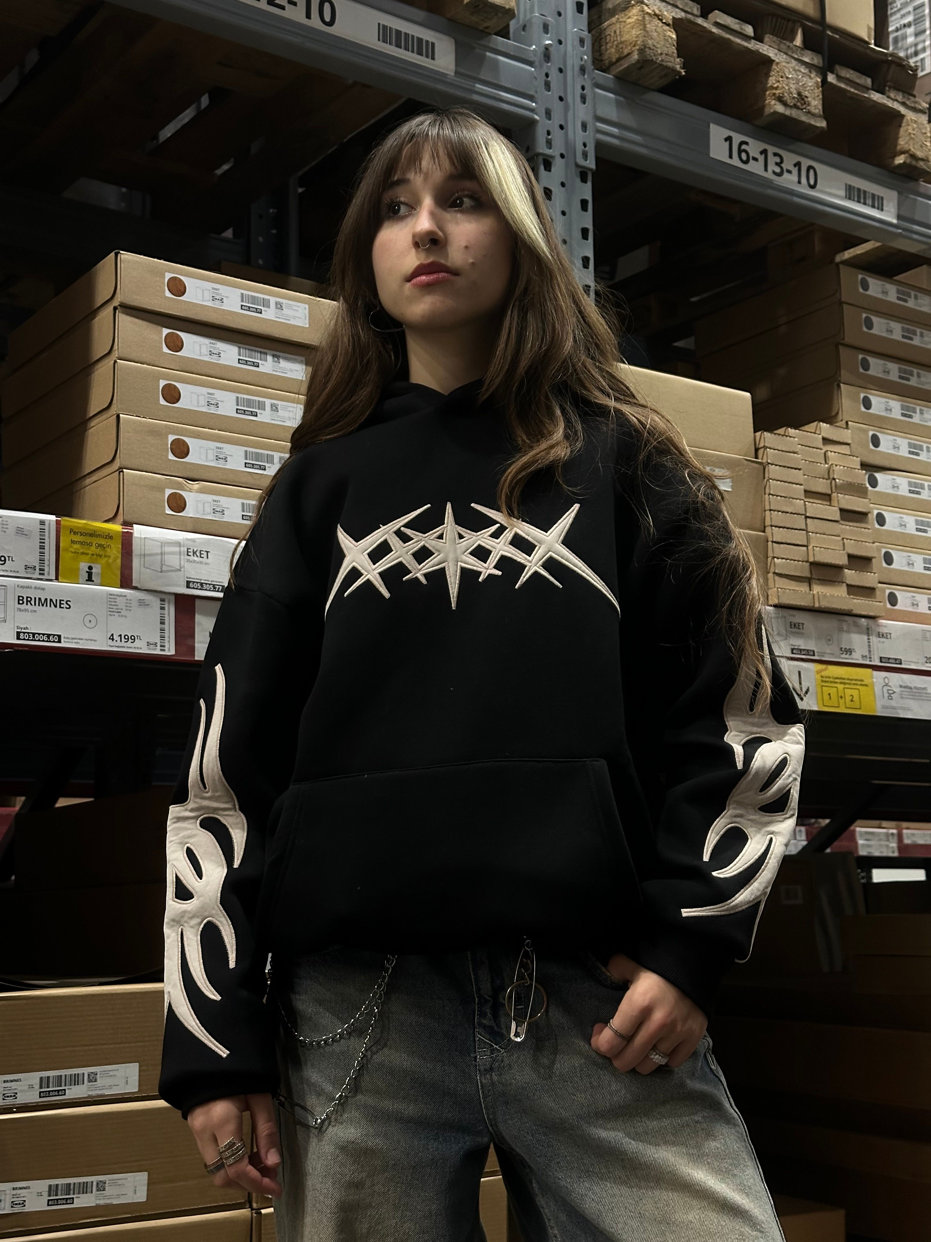 Siyah Tribal Nakış İşlemeli Oversize Hoodie 