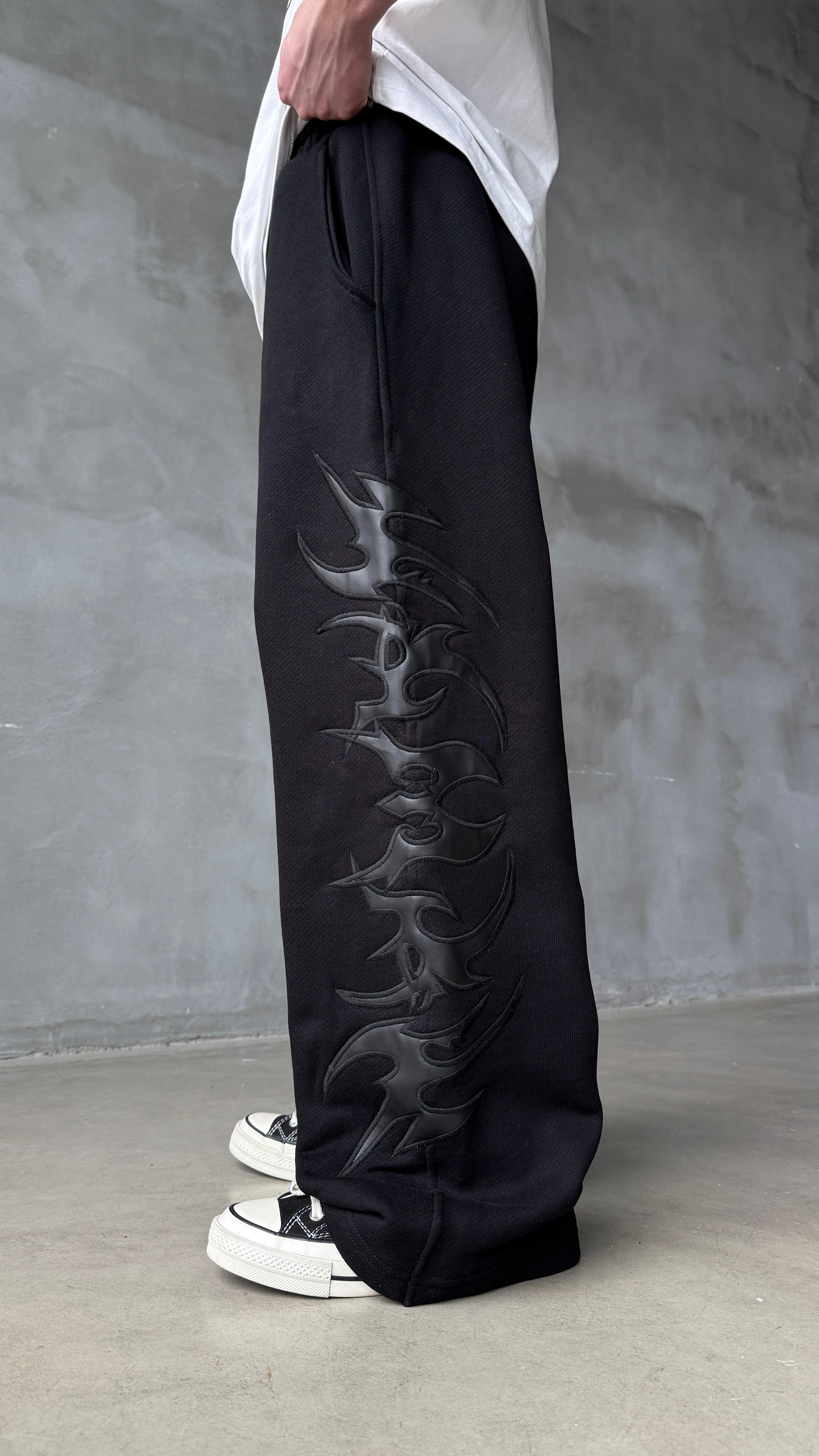 Siyah Tribal Deri Detay Double Waist Premium Baggy Sweatpant 