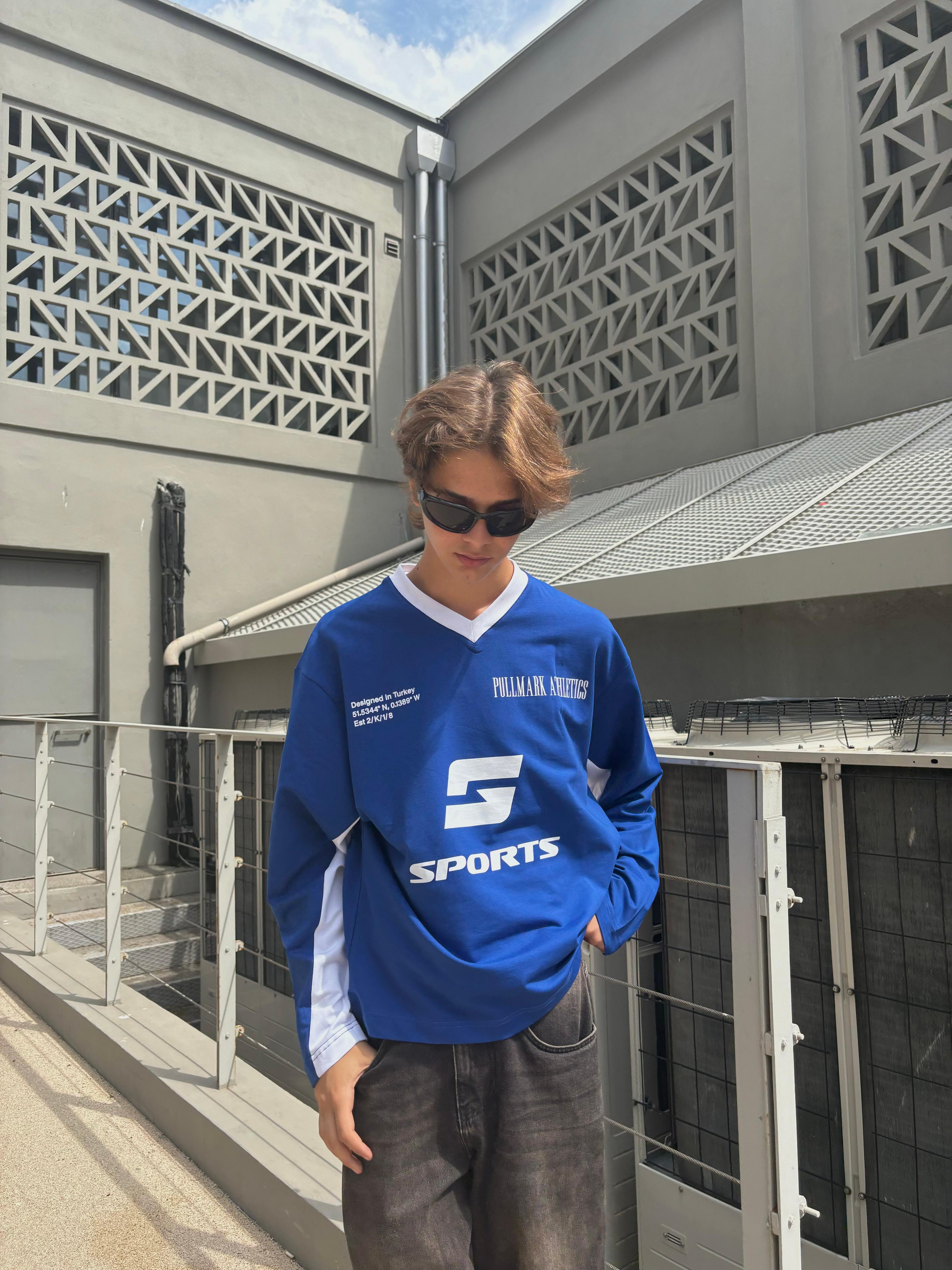 Lacivert V Yaka Sports Oversize Sweatshirt