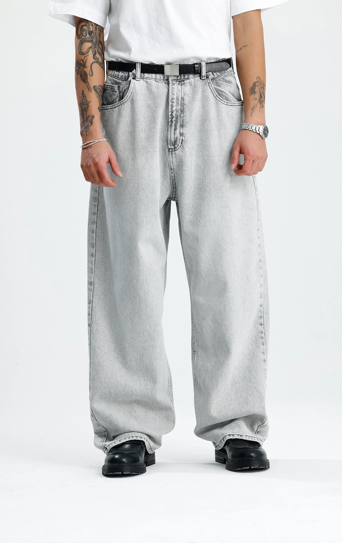 Açık Gri Yıkamalı Premium Baggy Jean