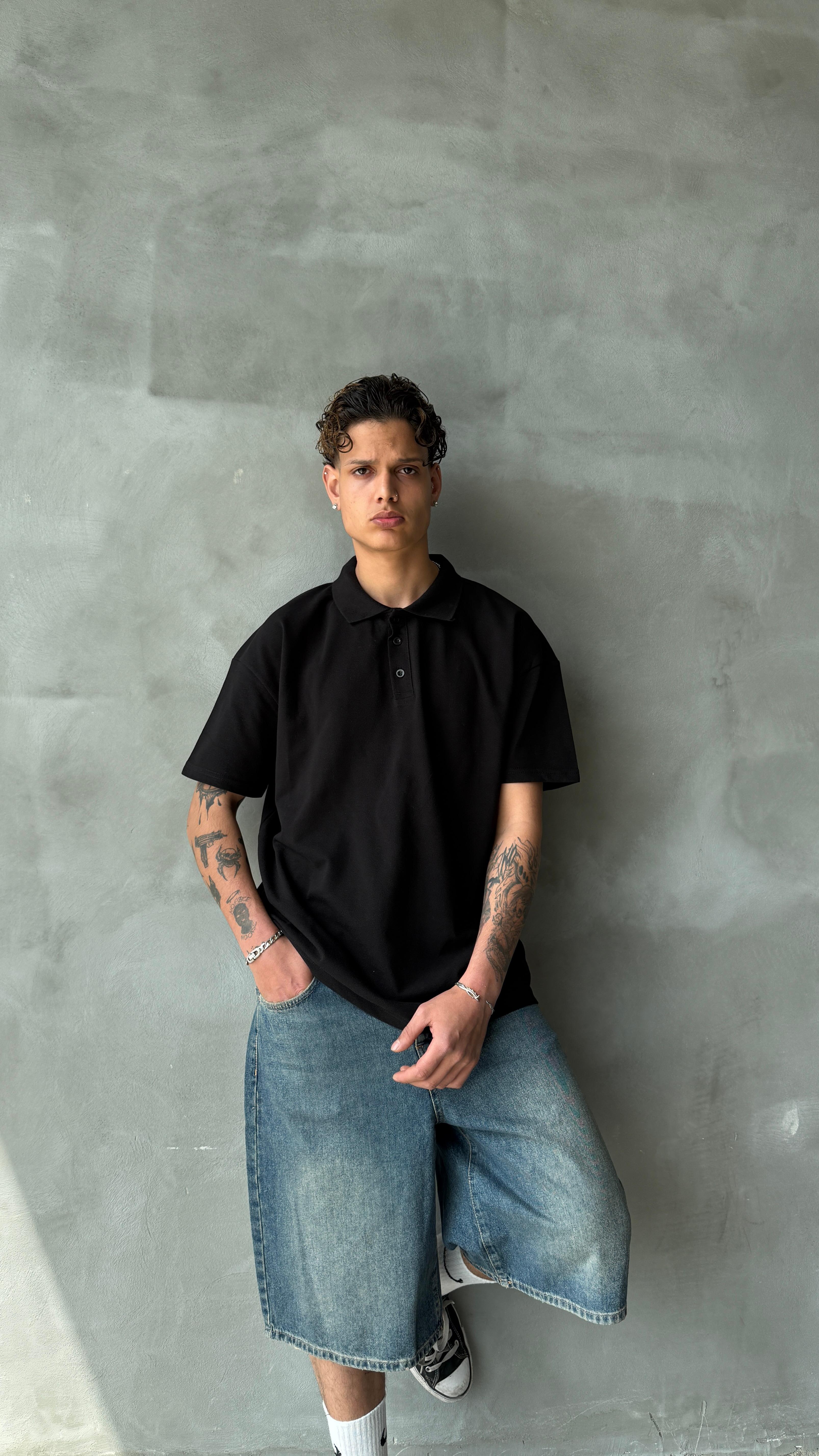 Siyah Polo Yaka Oversize Comfort Fit Tişört 