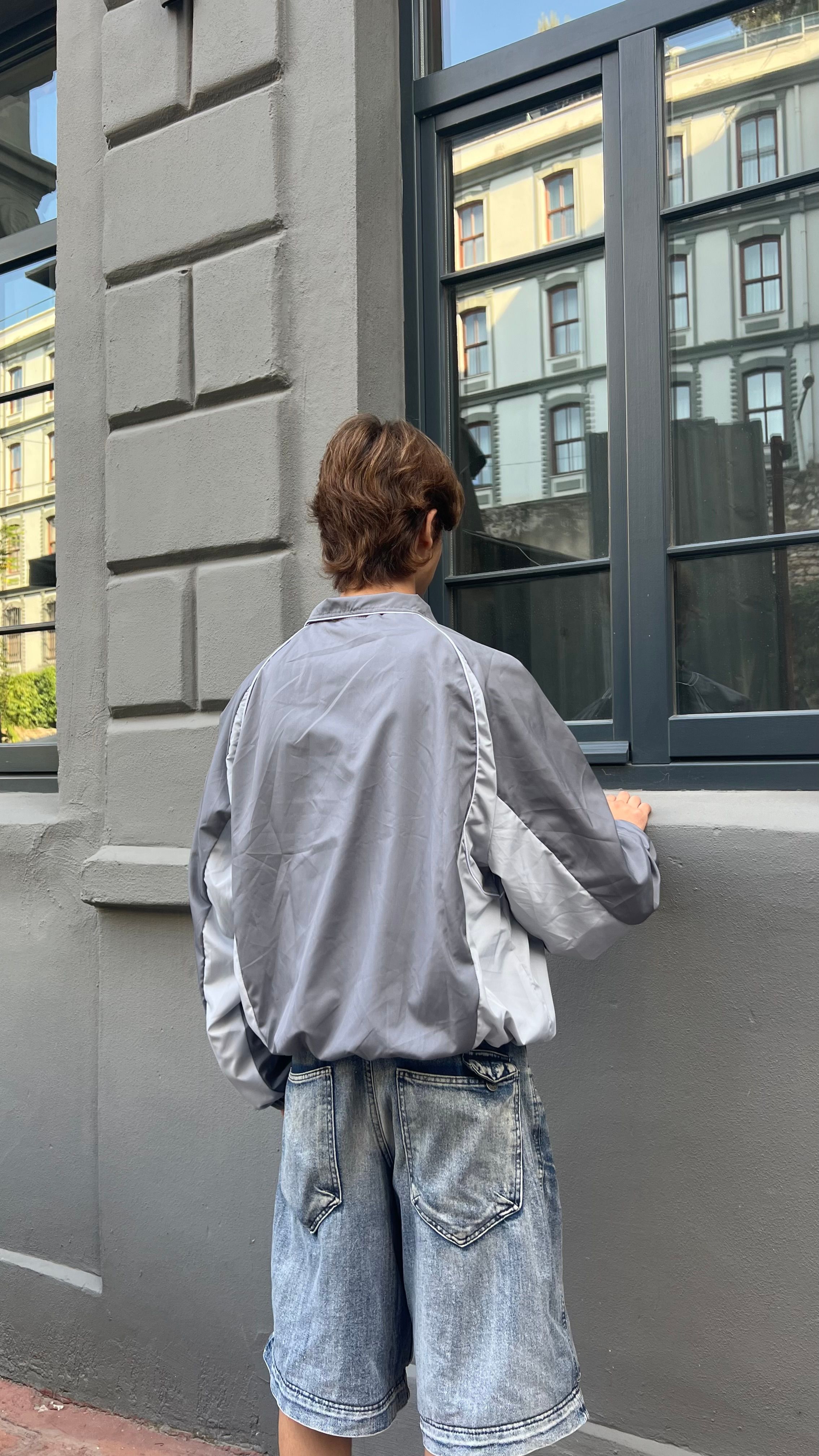 Parçalı Gri Oversize Track Jacket 